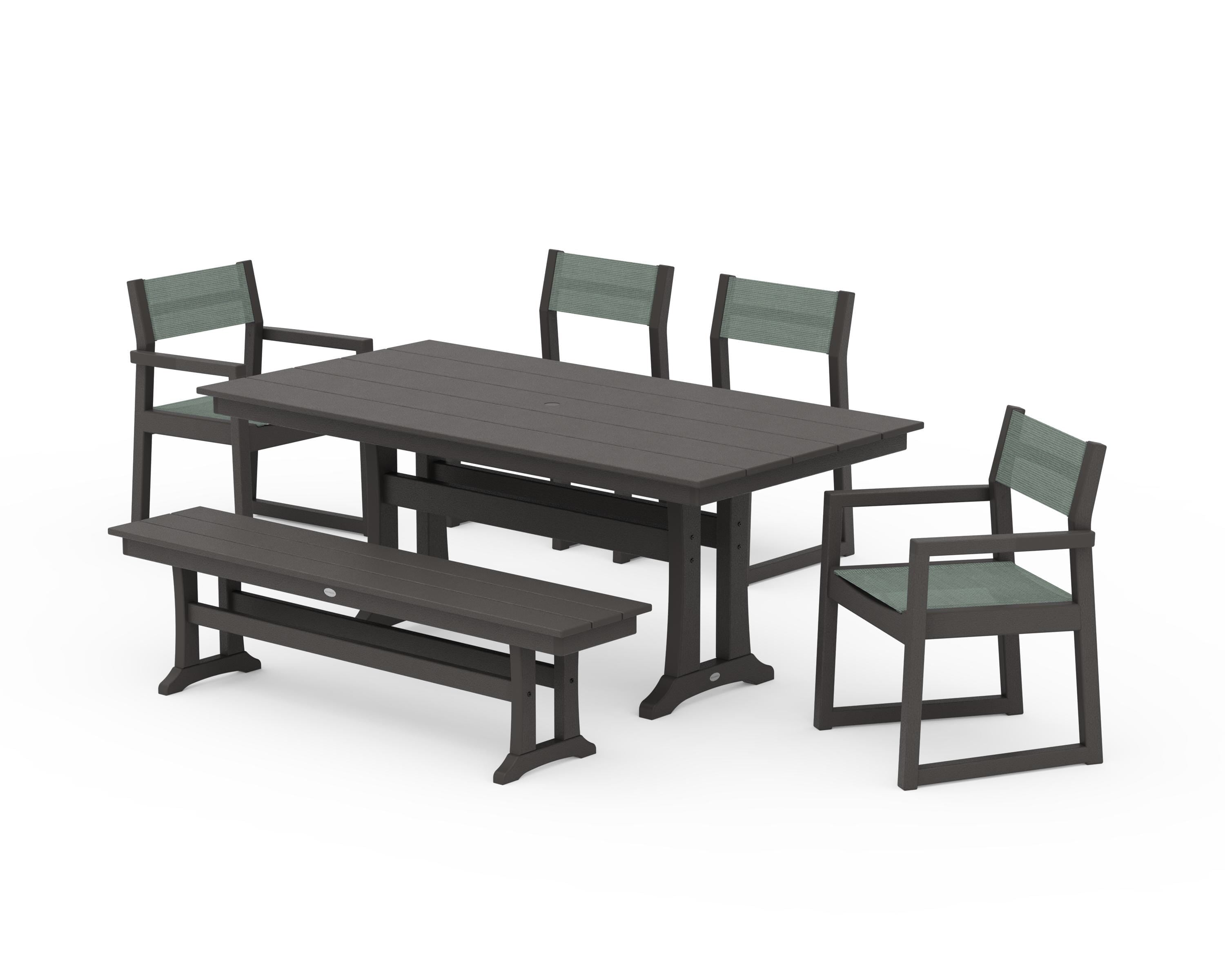 POLYWOOD EDGE Sling 6-Piece Farmhouse Dining Set With Trestle Legs in Vintage Coffee / Dupioni Sea Mist Sling