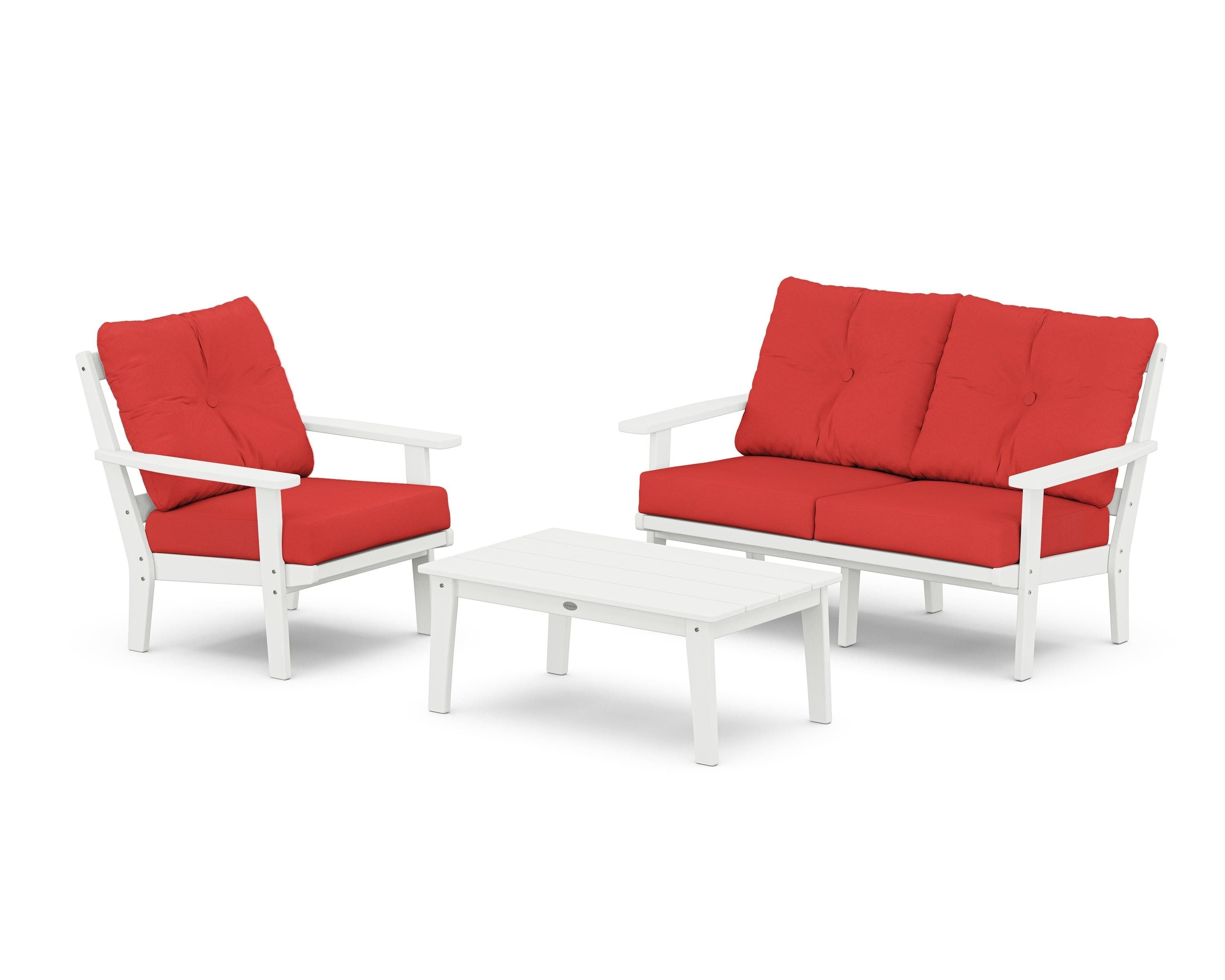 POLYWOOD Prairie 3-Piece Deep Seating Set with Loveseat in White / Crimson Linen