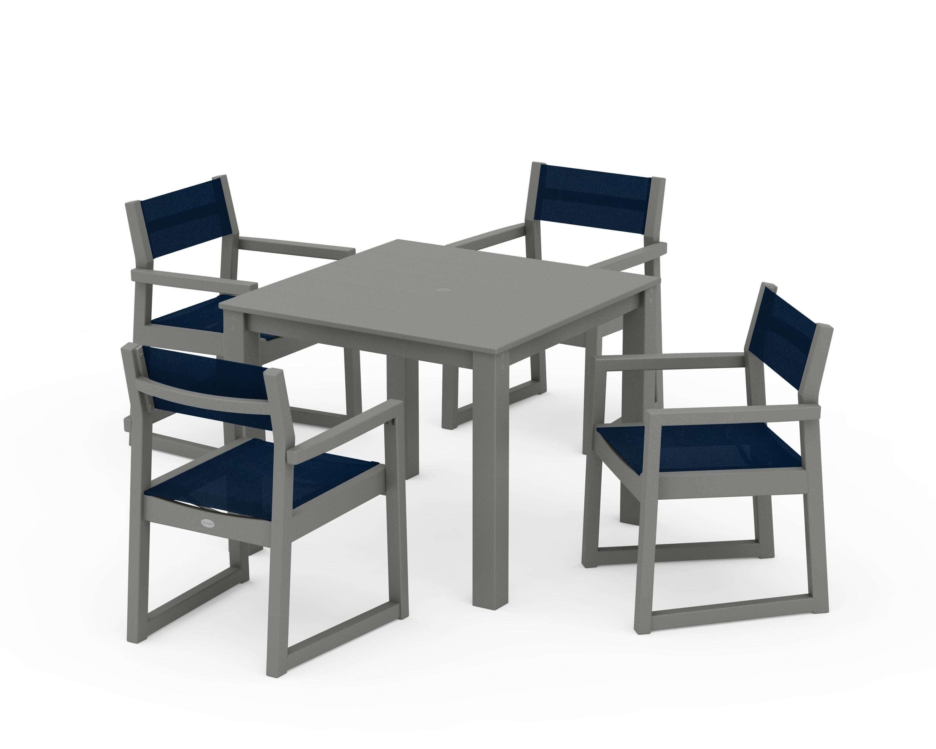 POLYWOOD EDGE Sling Arm Chair 5-Piece Parsons Dining Set in Slate Grey / Navy Blue Sling