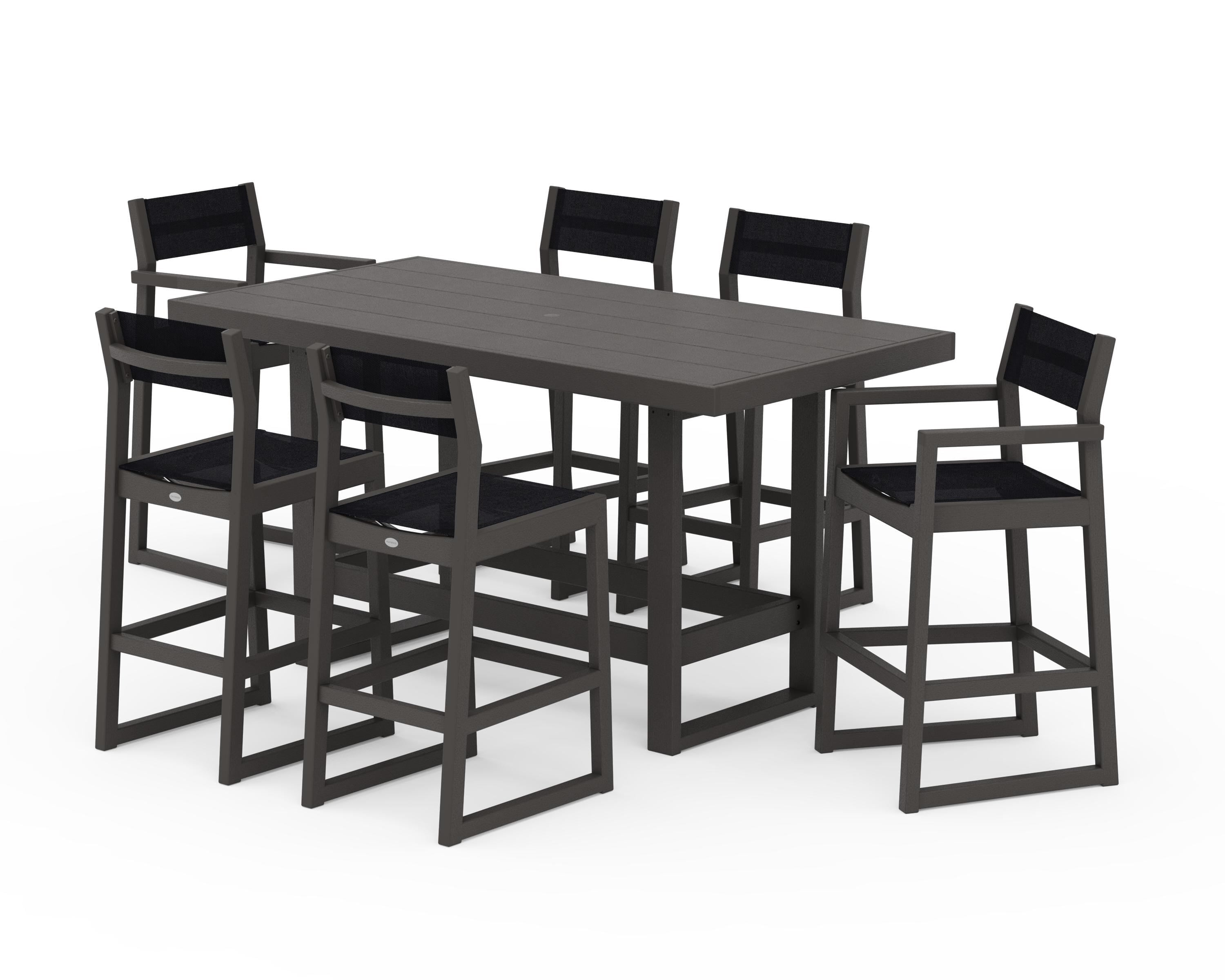 POLYWOOD EDGE Sling 7-Piece Bar Table Set in Vintage Coffee / Black Sling