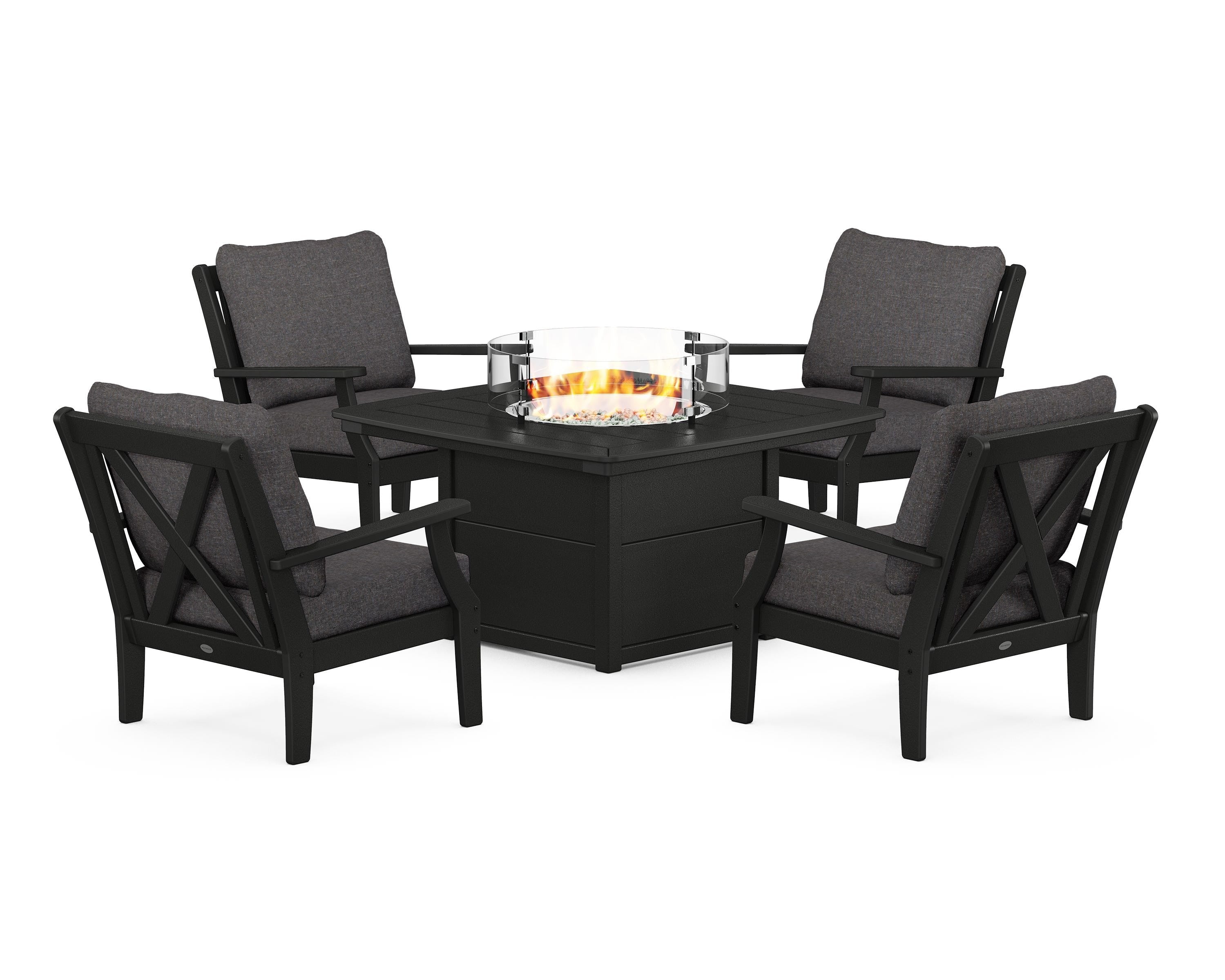 POLYWOOD Braxton 5-Piece Deep Seating Conversation Set with Fire Pit Table in Black / Ash Charcoal