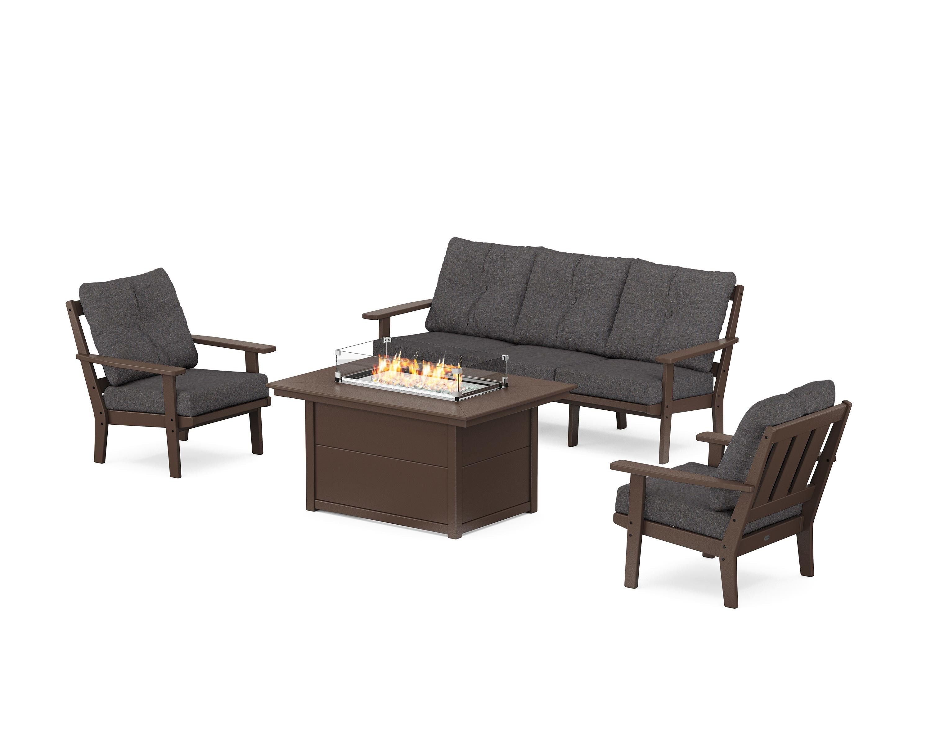 POLYWOOD Oxford Deep Seating Fire Pit Table Set in Mahogany / Ash Charcoal