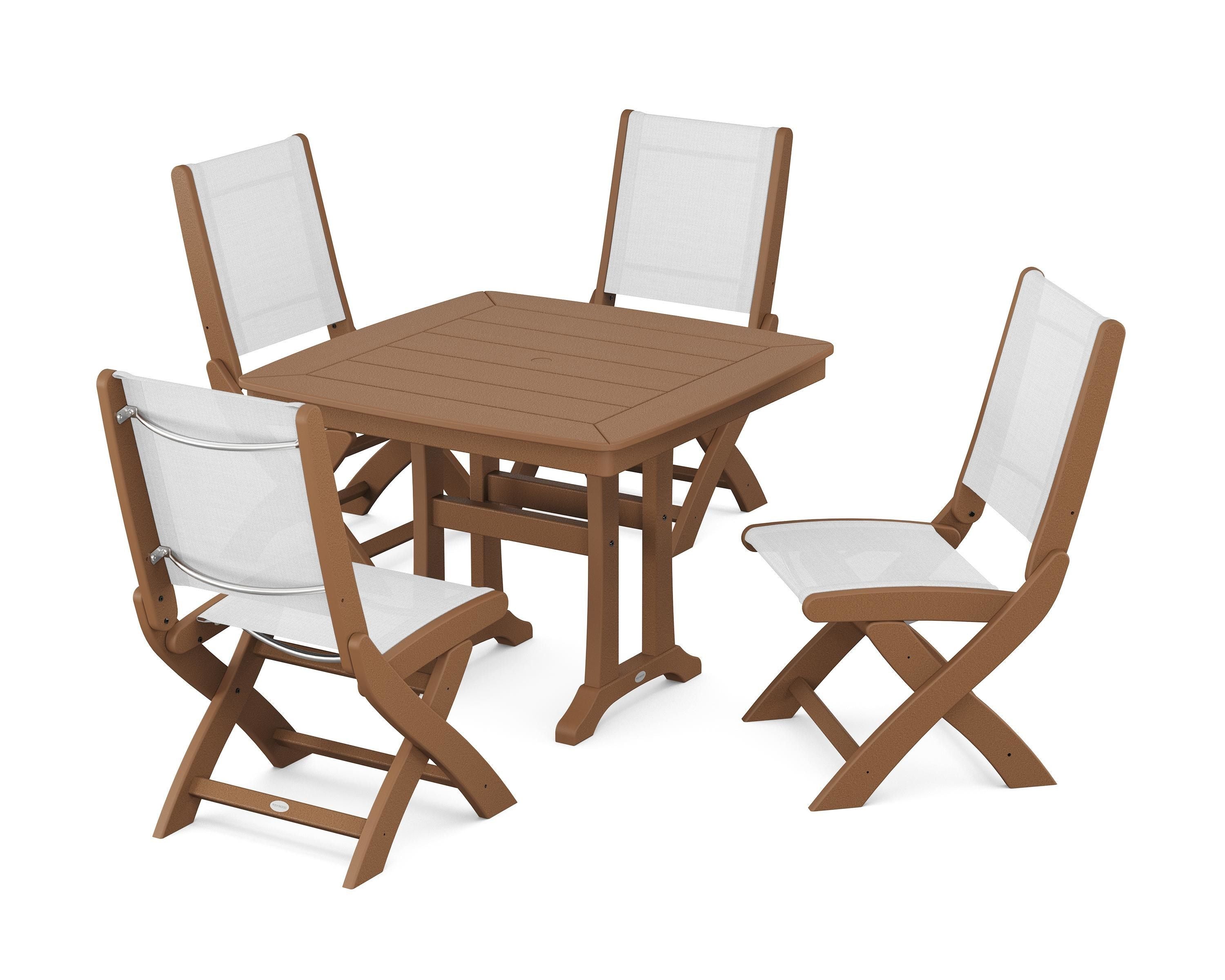 POLYWOOD Coastal Folding Side Chair 5-Piece Dining Set with Trestle Legs in Teak / White Sling