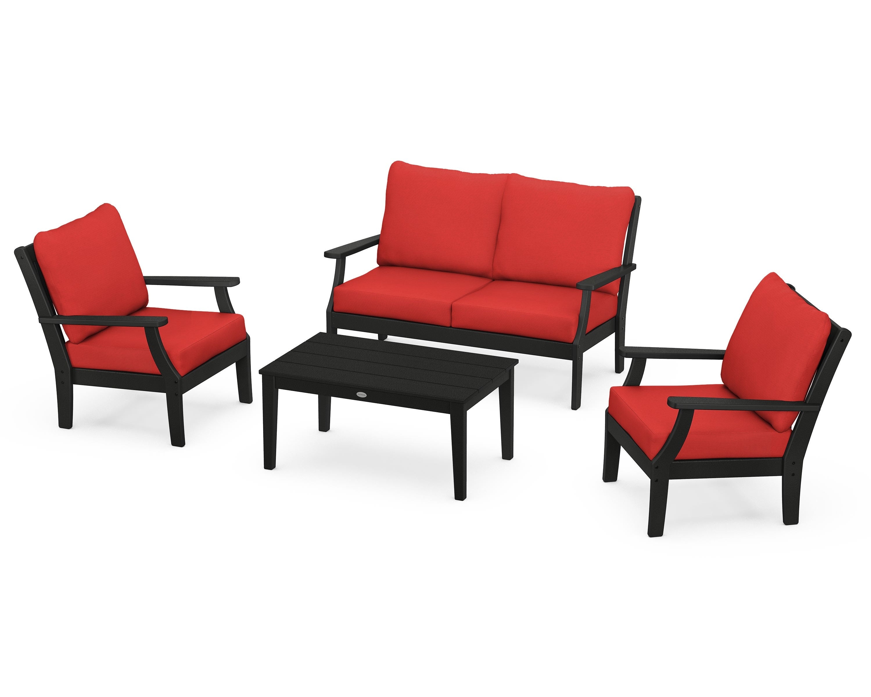 POLYWOOD Braxton 4-Piece Deep Seating Chair Set in Black / Crimson Linen