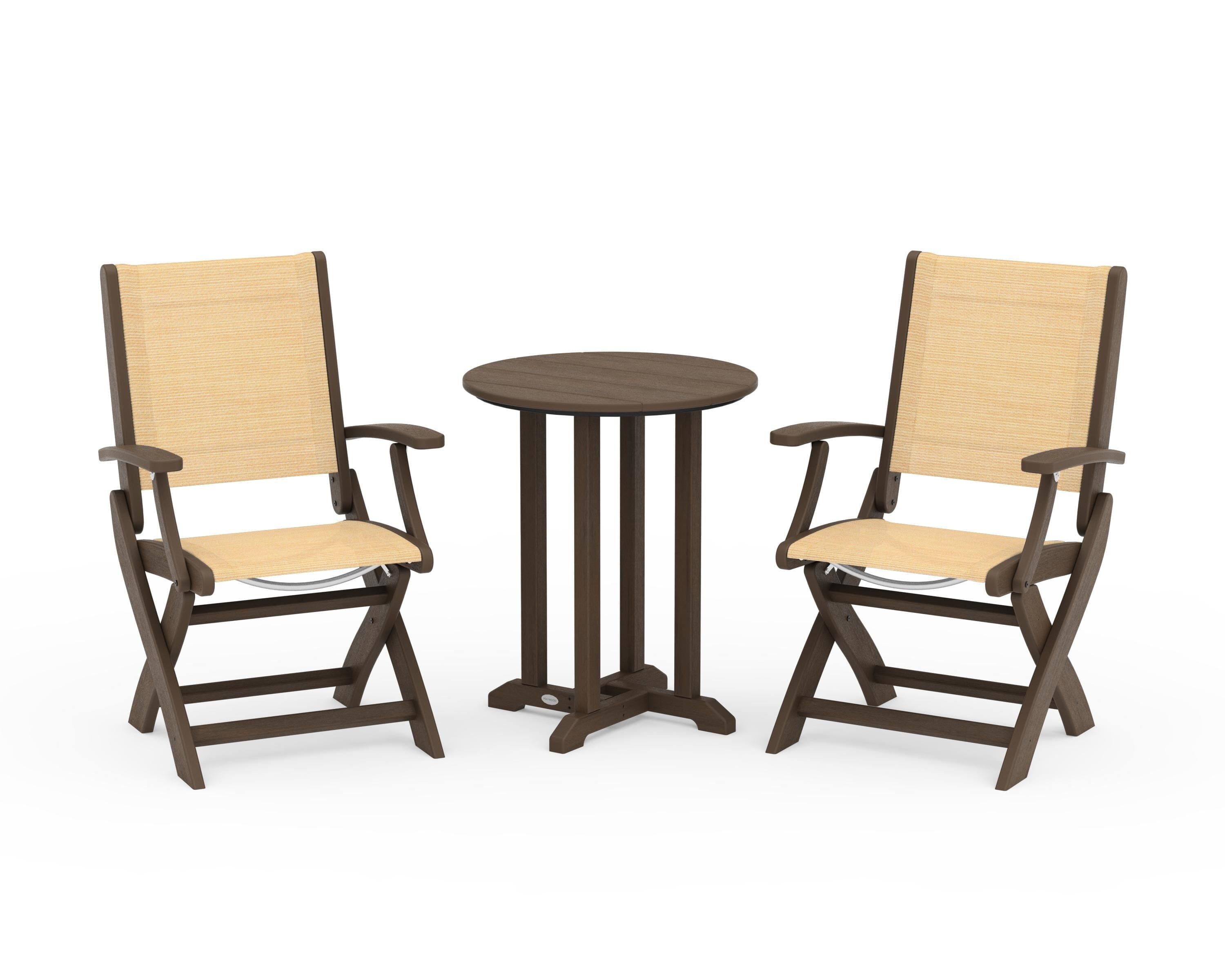 POLYWOOD Coastal Folding 3-Piece Round Bistro Dining Set in Kona / Dupioni Apricot Sling