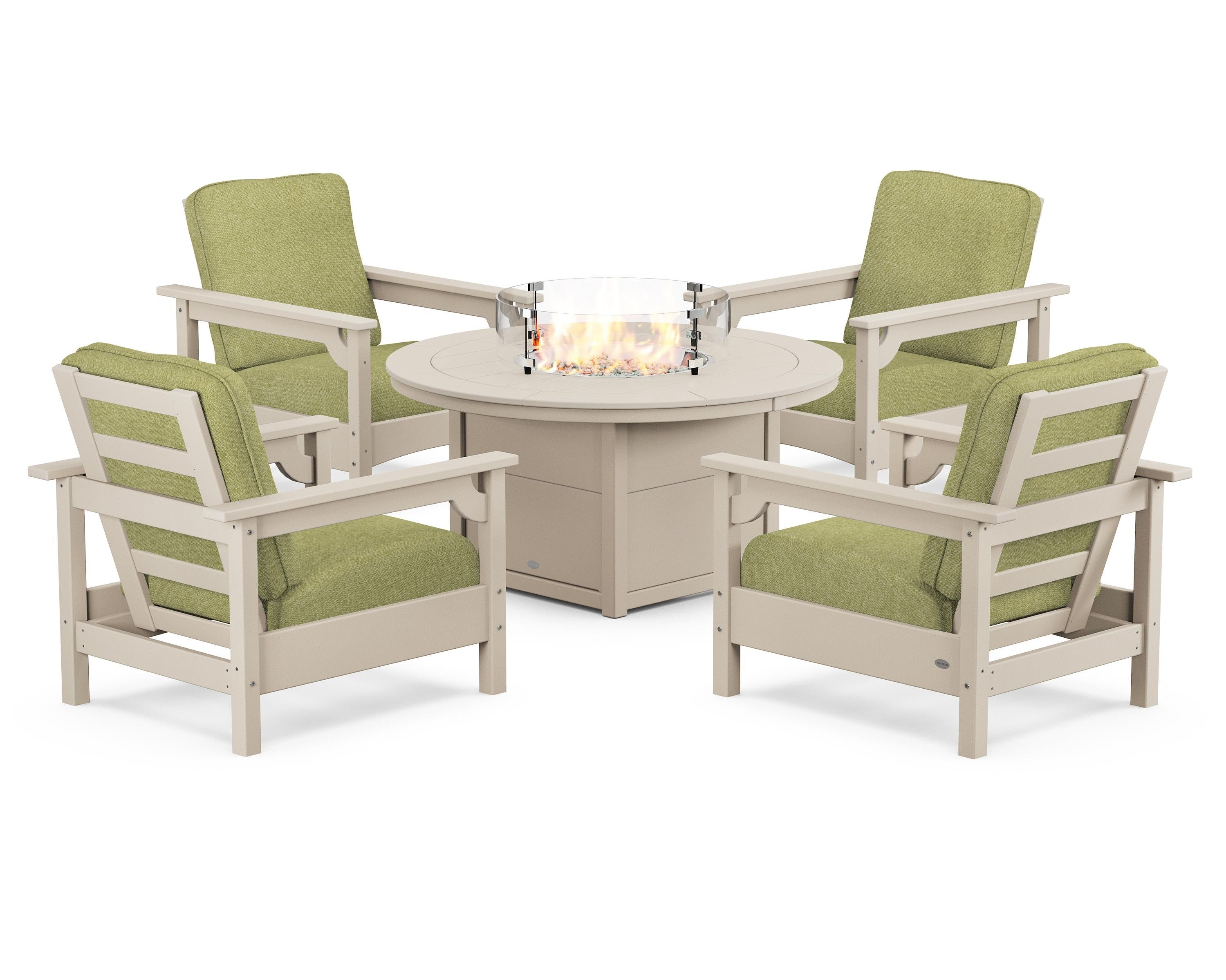 POLYWOOD Club 5-Piece Conversation Set with Fire Pit Table in Sand / Chartreuse Boucle