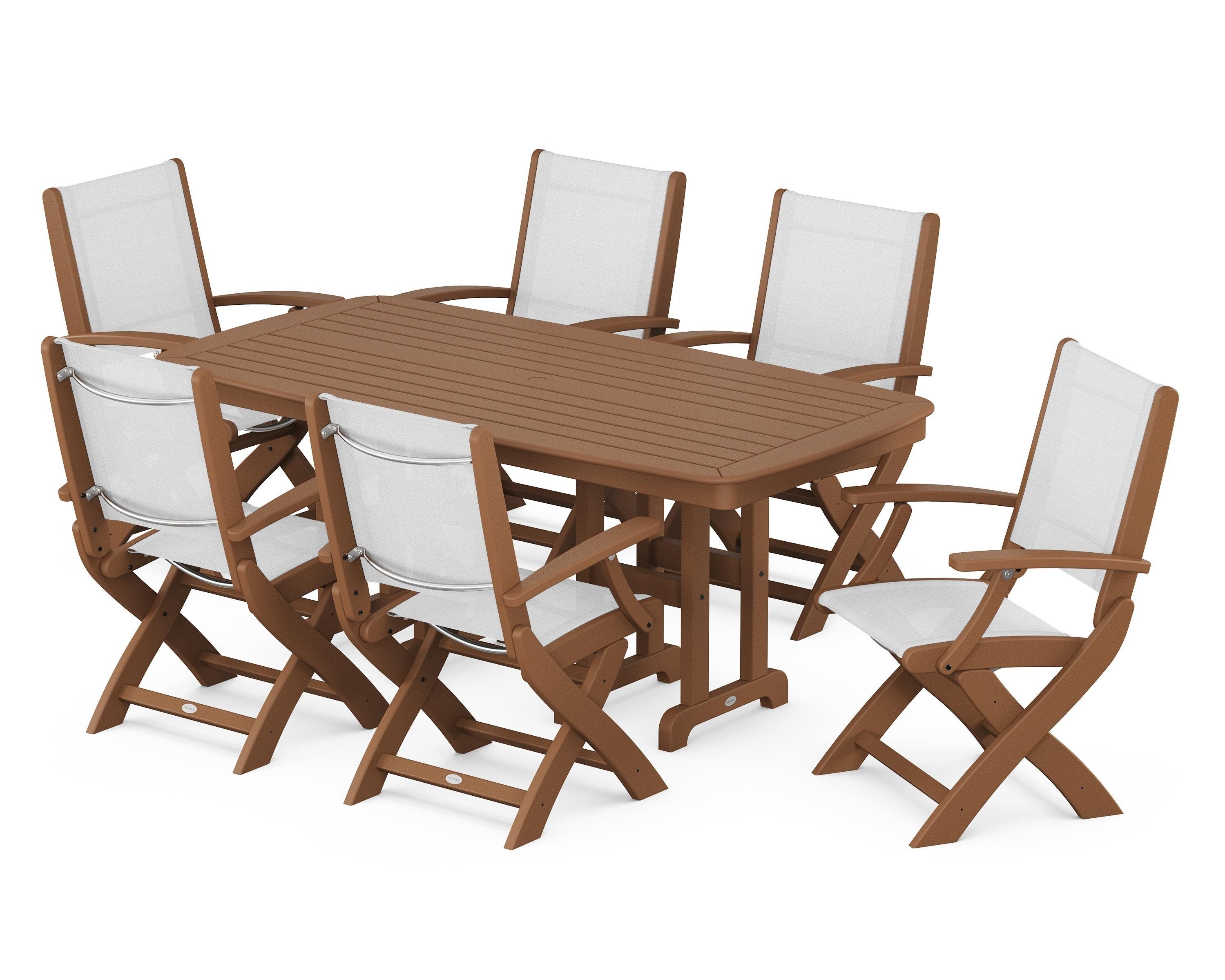 POLYWOOD Coastal Folding Arm Chair 7-Piece Dining Set in Teak / White Sling