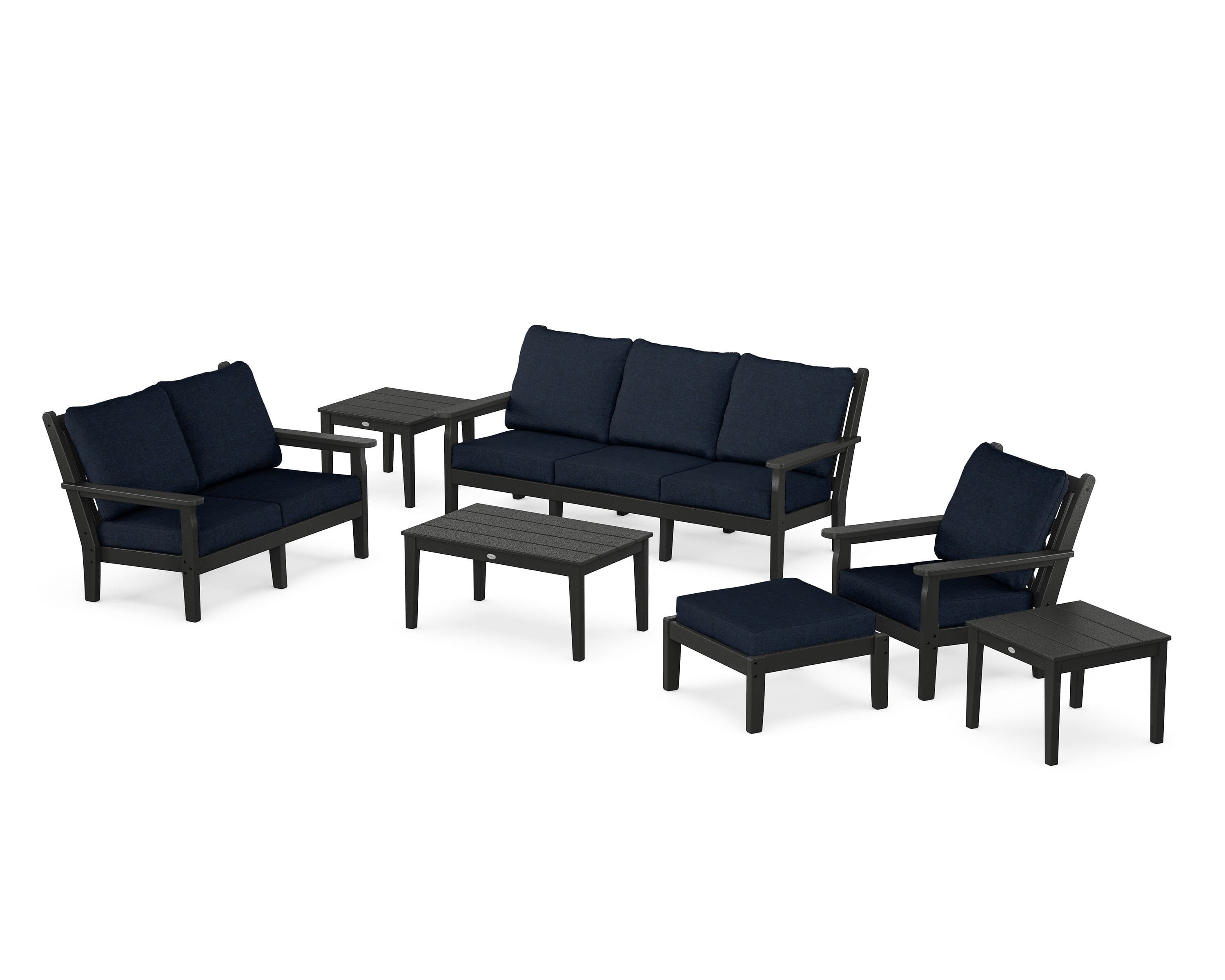 POLYWOOD Chippendale 7-Piece Deep Seating Set in Black / Marine Indigo