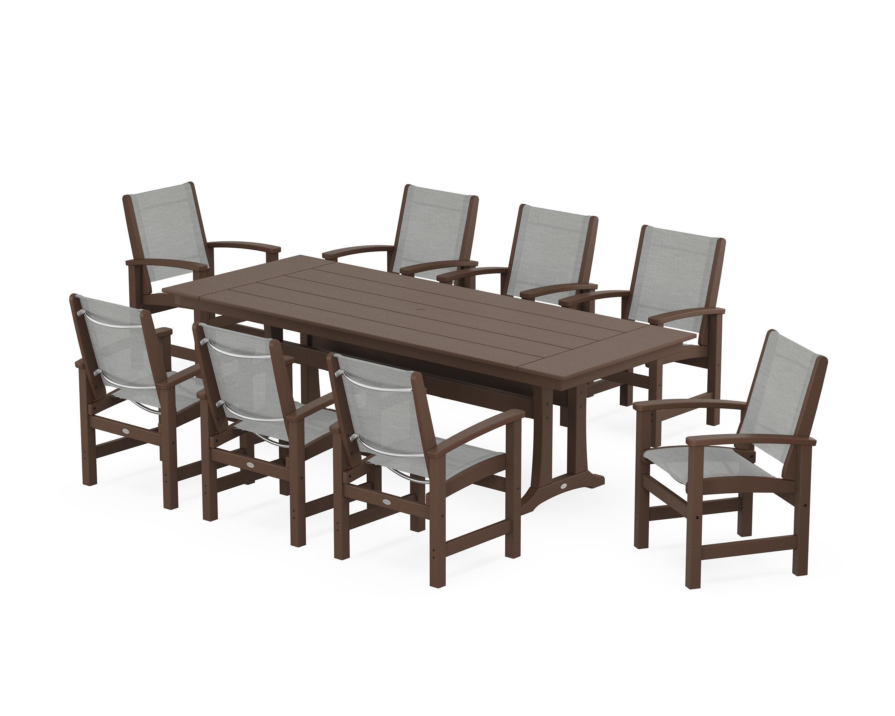 POLYWOOD Coastal 9-Piece Farmhouse Dining Set with Trestle Legs in Mahogany / Metallic Sling