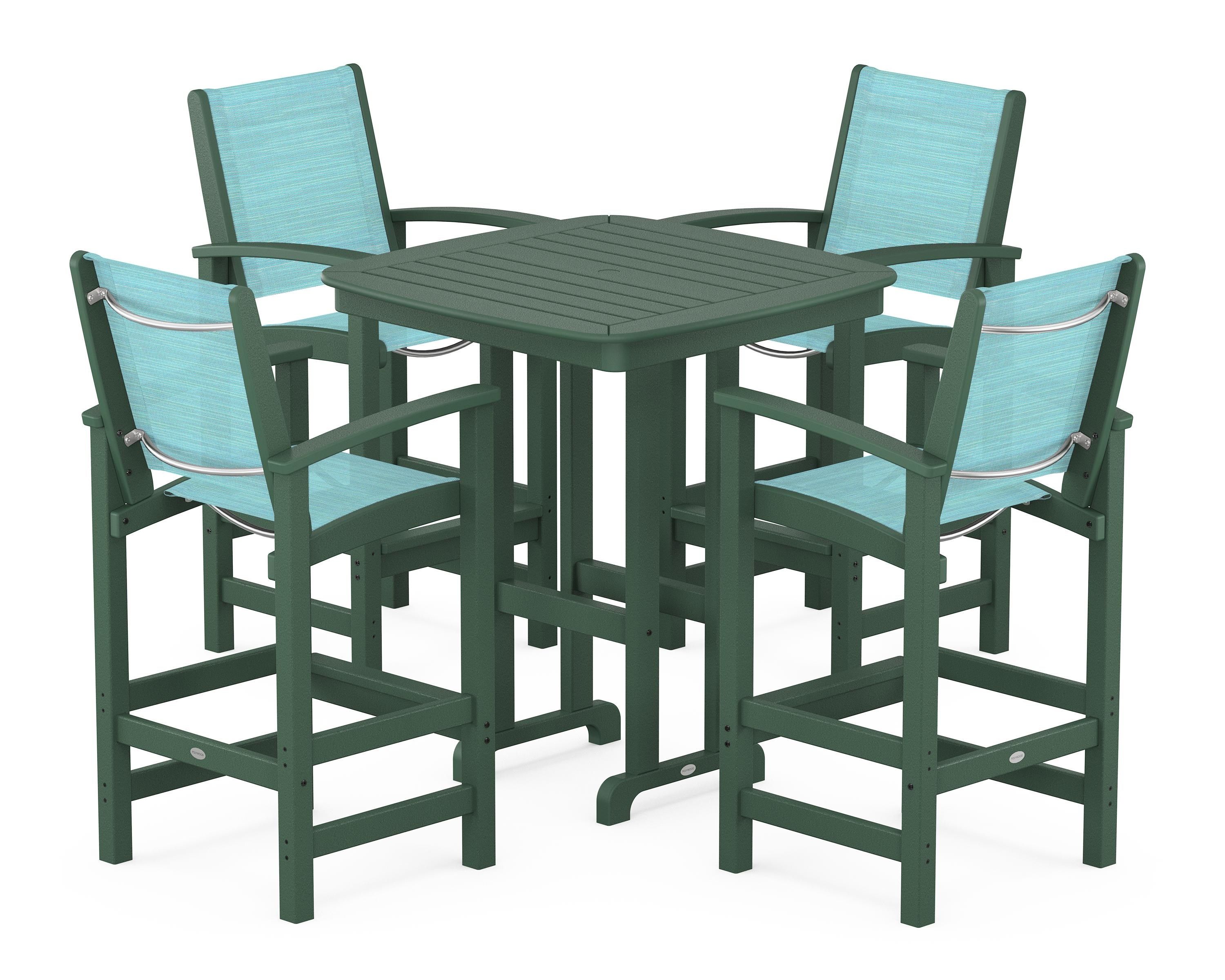 POLYWOOD Coastal 5-Piece Bar Set in Green / Dupioni Aquamarine Sling