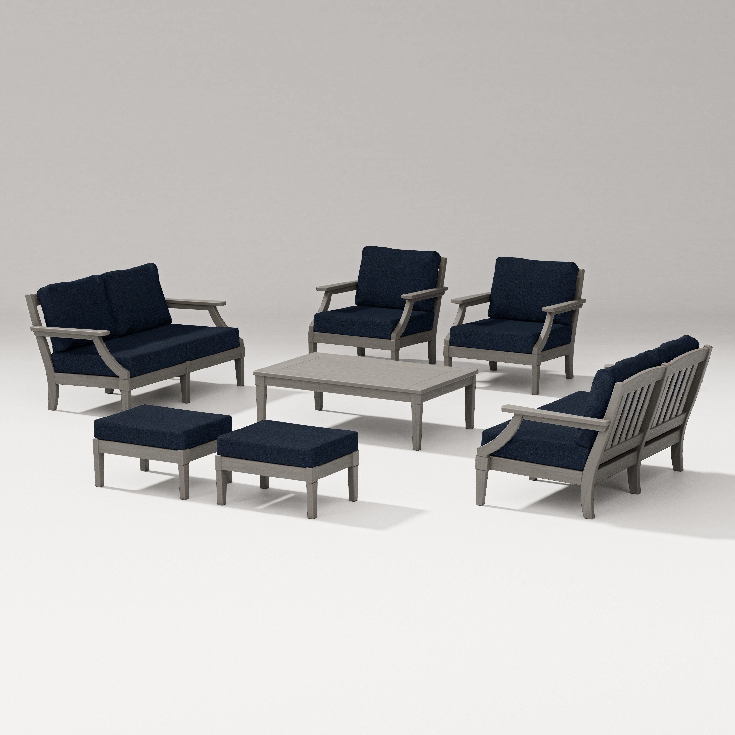 PW Designer Series Estate 7-Piece Lounge Loveseat Set in Driftwood / Marine Indigo