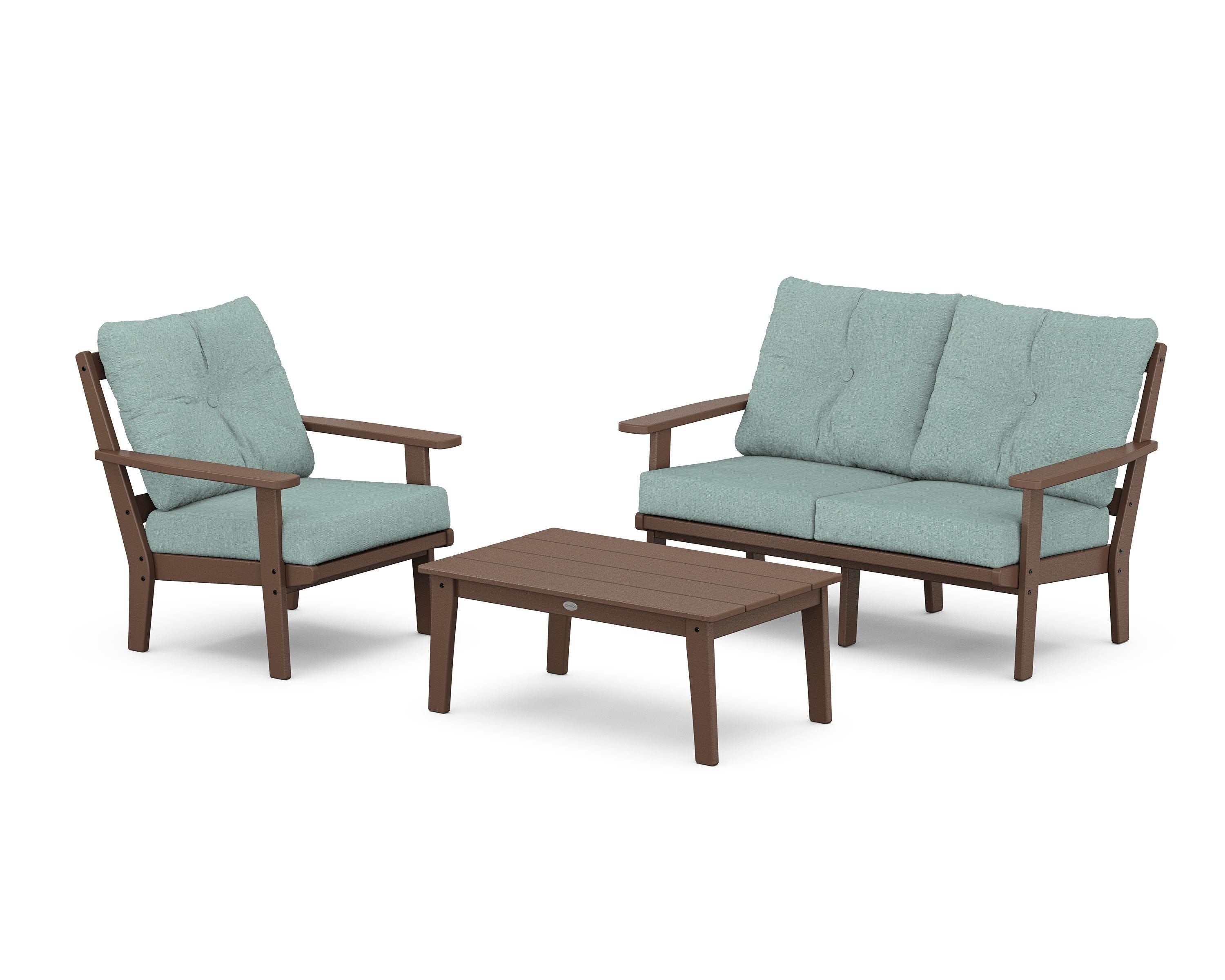 POLYWOOD Oxford 3-Piece Deep Seating Set with Loveseat in Mahogany / Glacier Spa