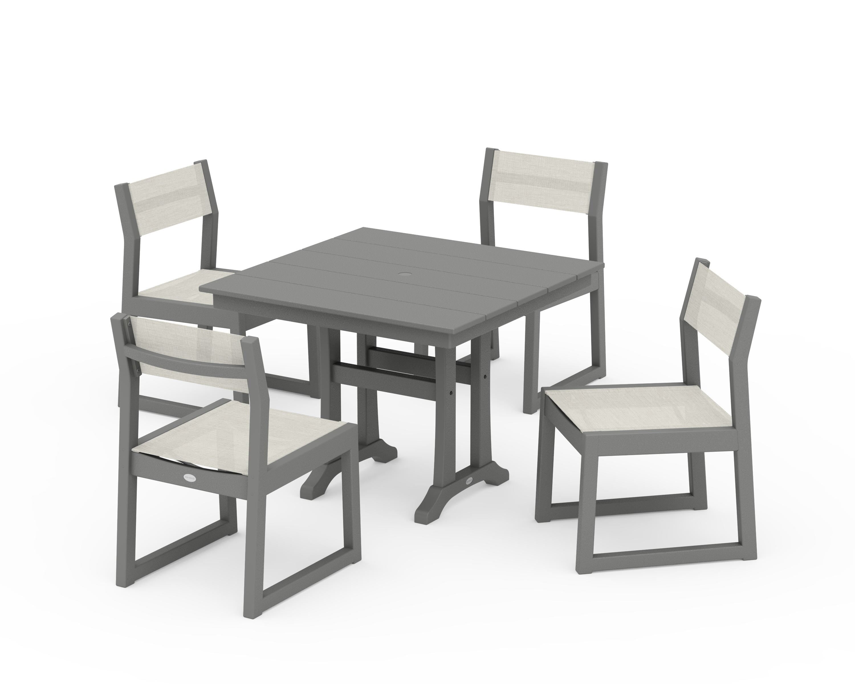 POLYWOOD EDGE Sling 5-Piece Farmhouse Trestle Side Chair Dining Set in Slate Grey / Parchment Sling