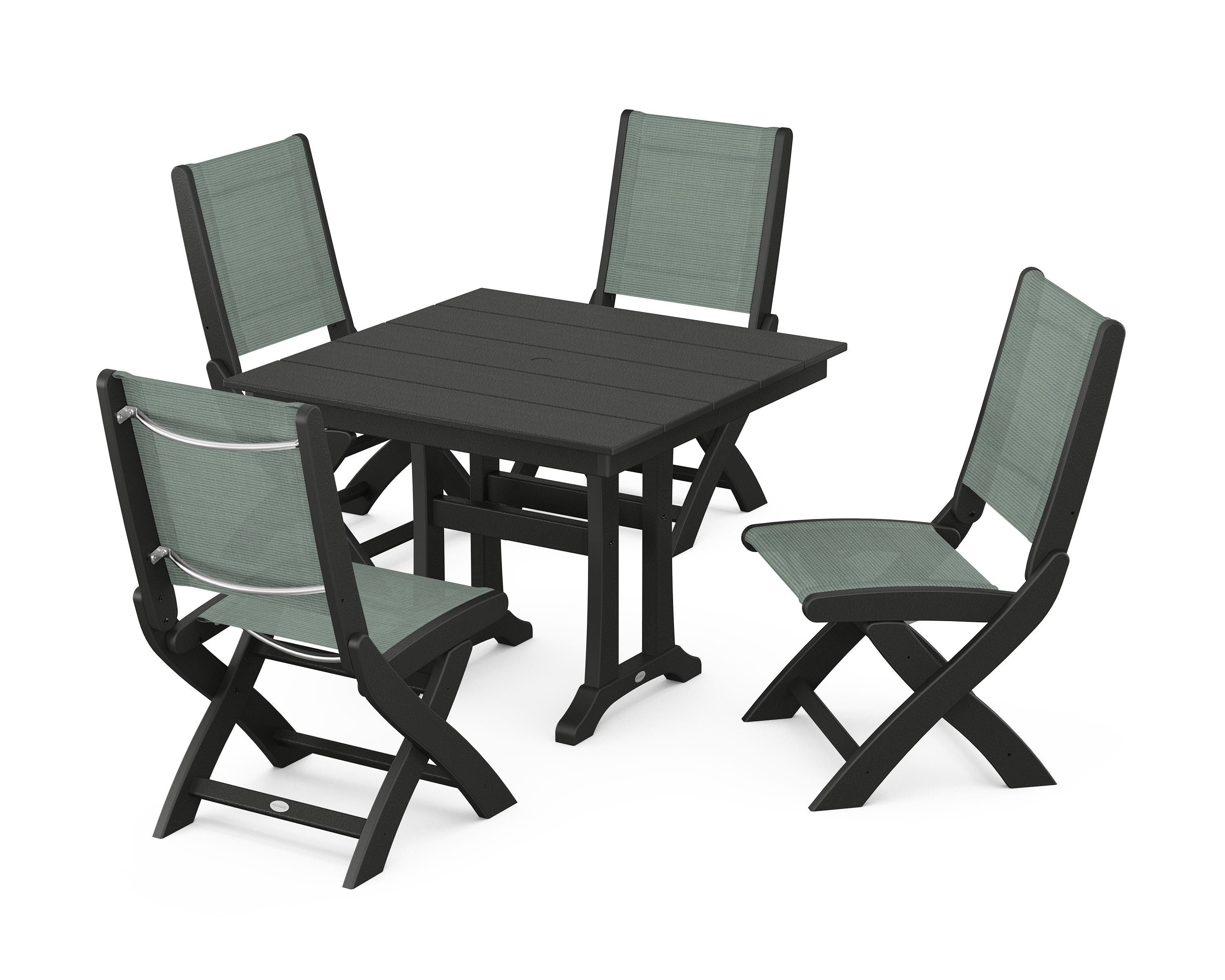 POLYWOOD Coastal Folding Side Chair 5-Piece Farmhouse Dining Set With Trestle Legs in Black / Dupioni Sea Mist Sling