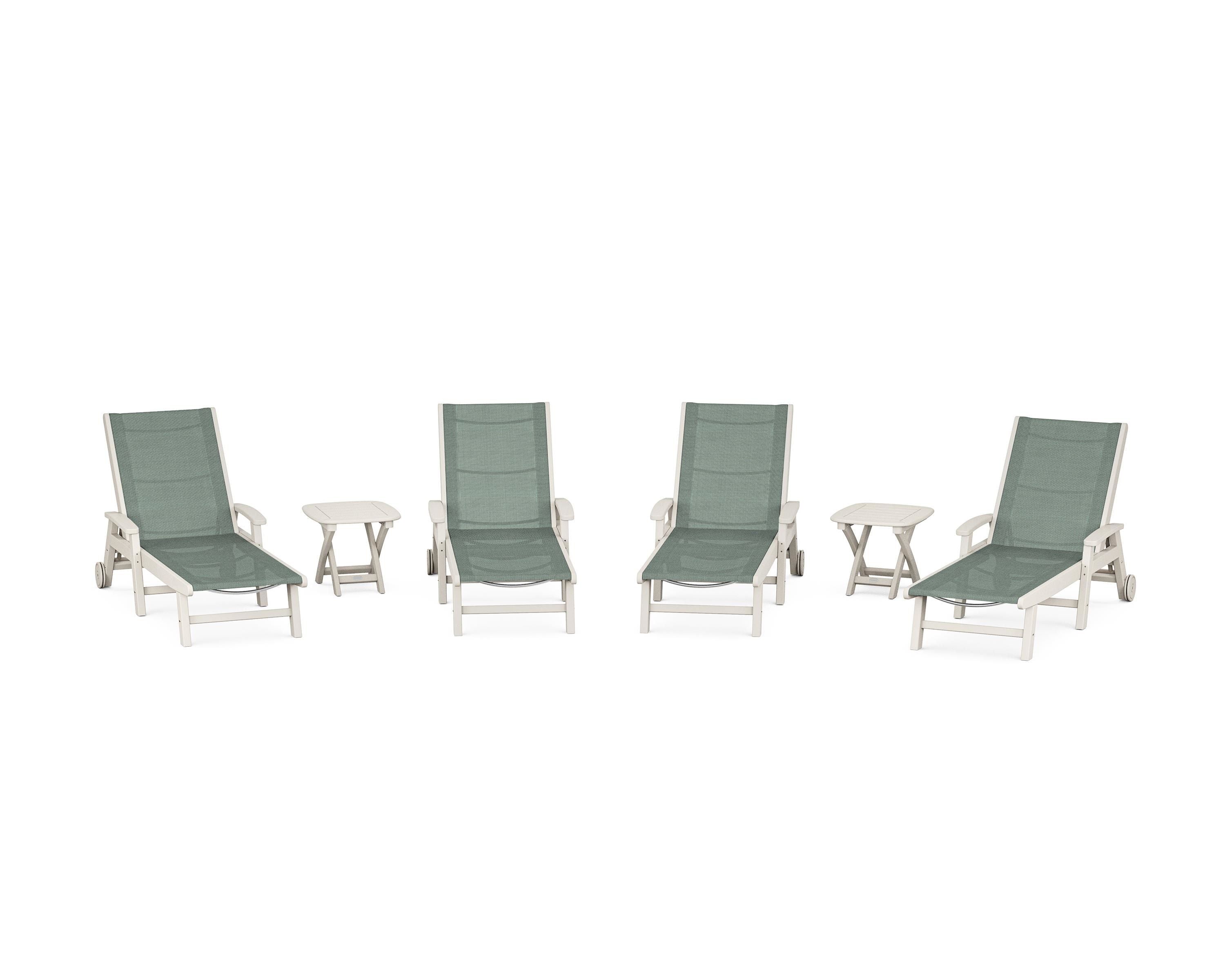 POLYWOOD Coastal Chaise 6-Piece Set with Wheels in Sand / Dupioni Sea Mist Sling