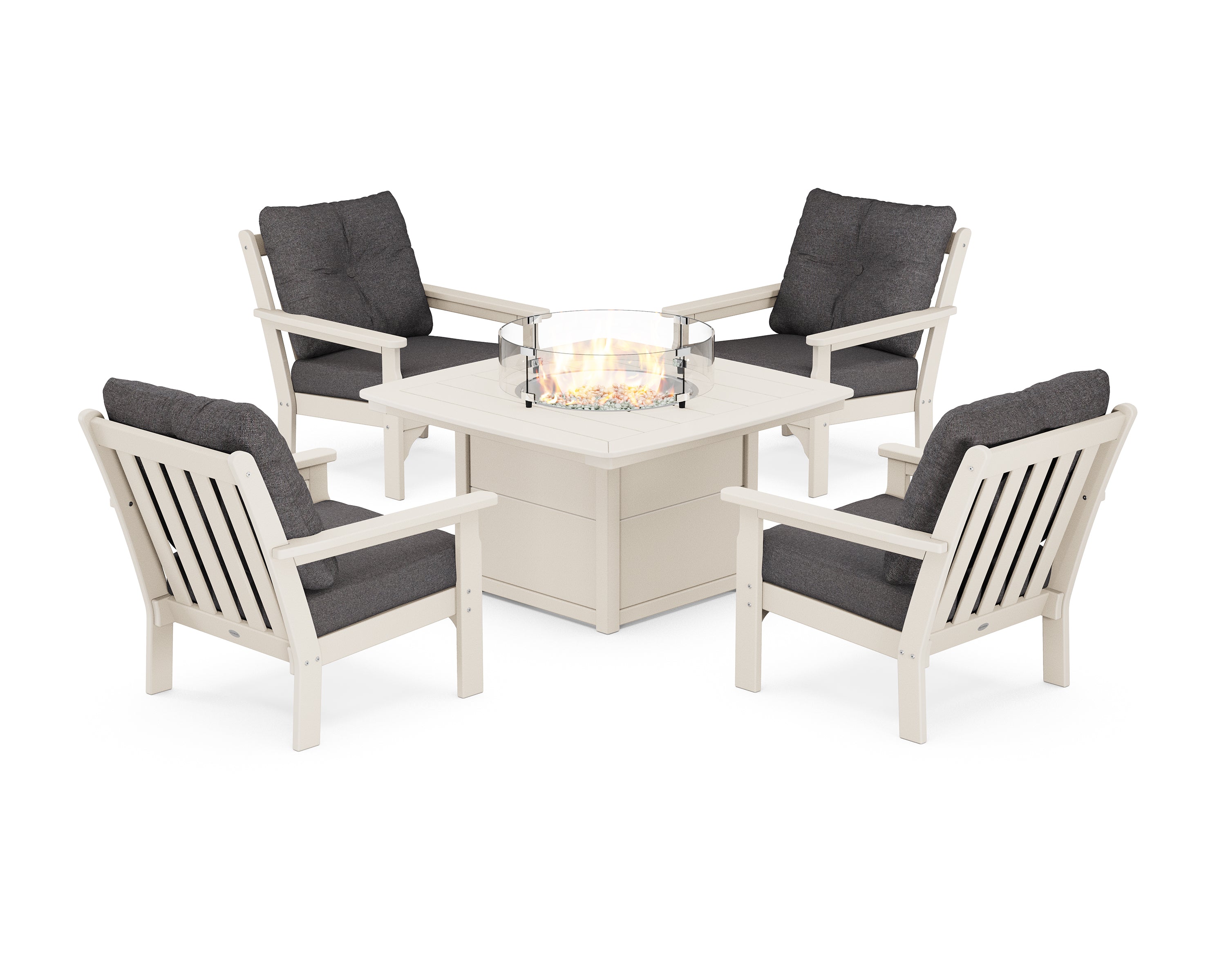 POLYWOOD Vineyard 5-Piece Conversation Set with Fire Pit Table in Sand / Ash Charcoal