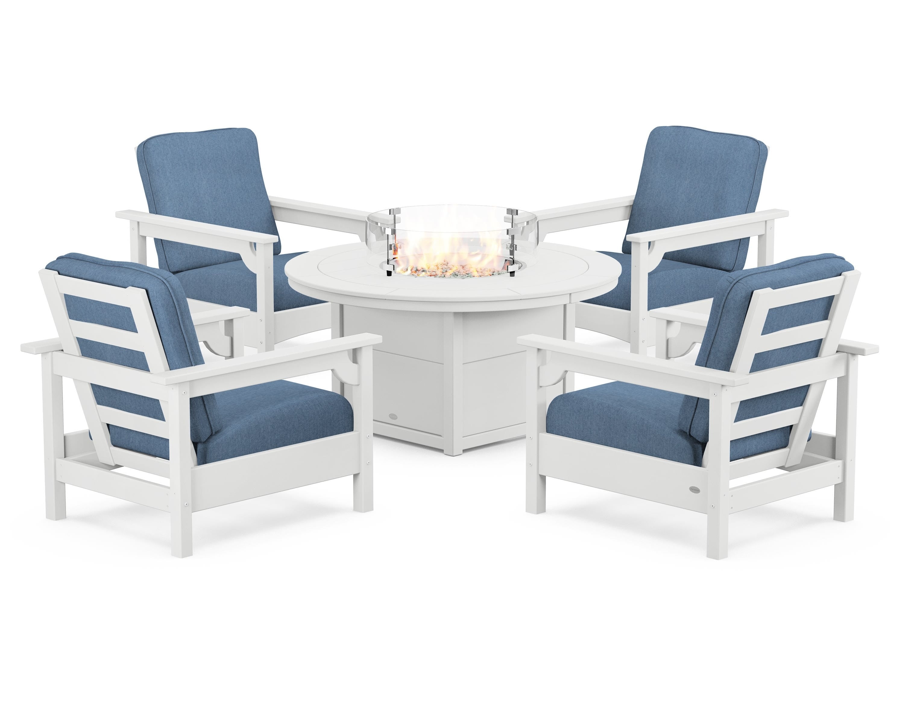 POLYWOOD Club 5-Piece Conversation Set with Fire Pit Table in White / Sky Blue