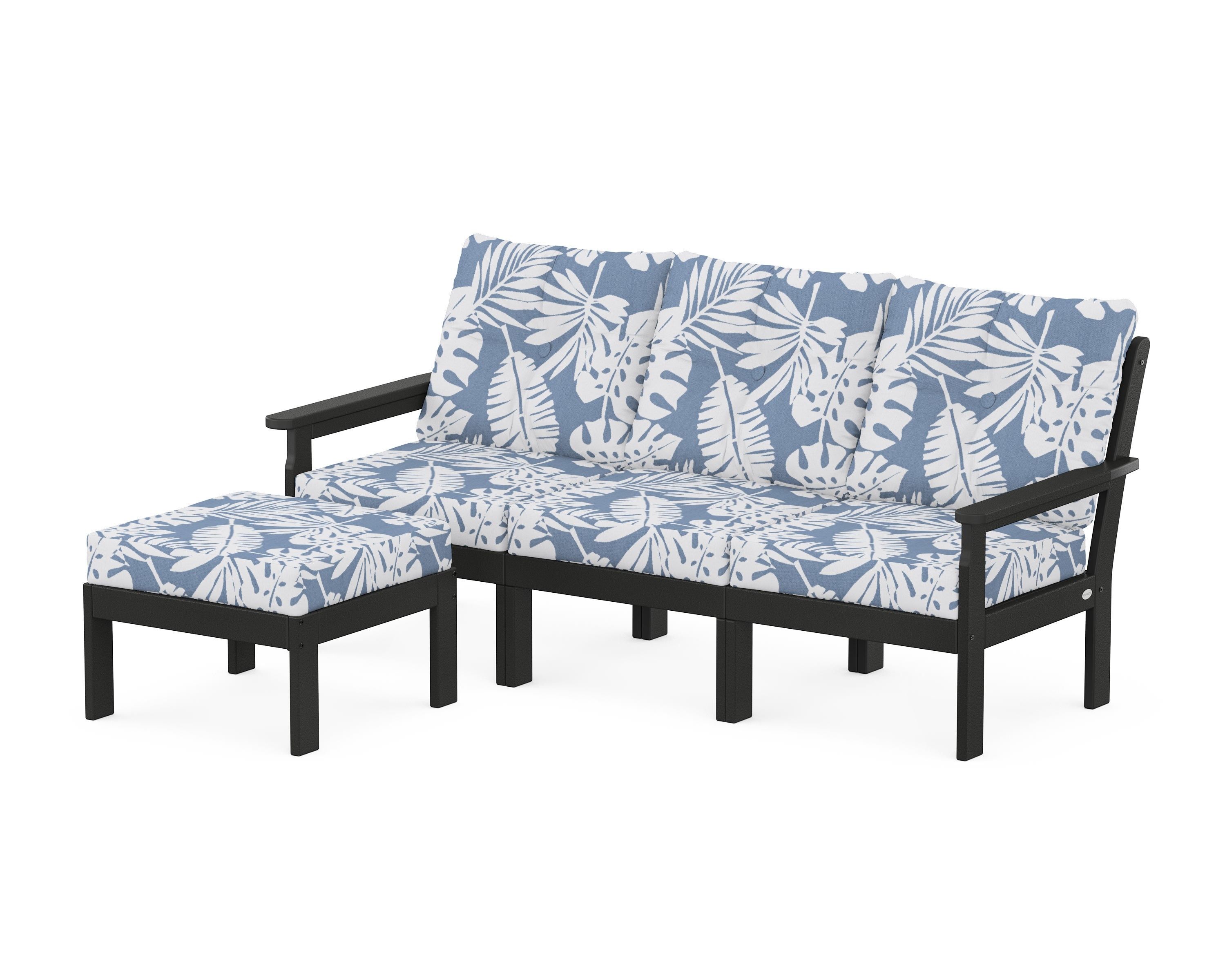 POLYWOOD Vineyard 4-Piece Sectional with Ottoman in Black / Leaf Sky Blue