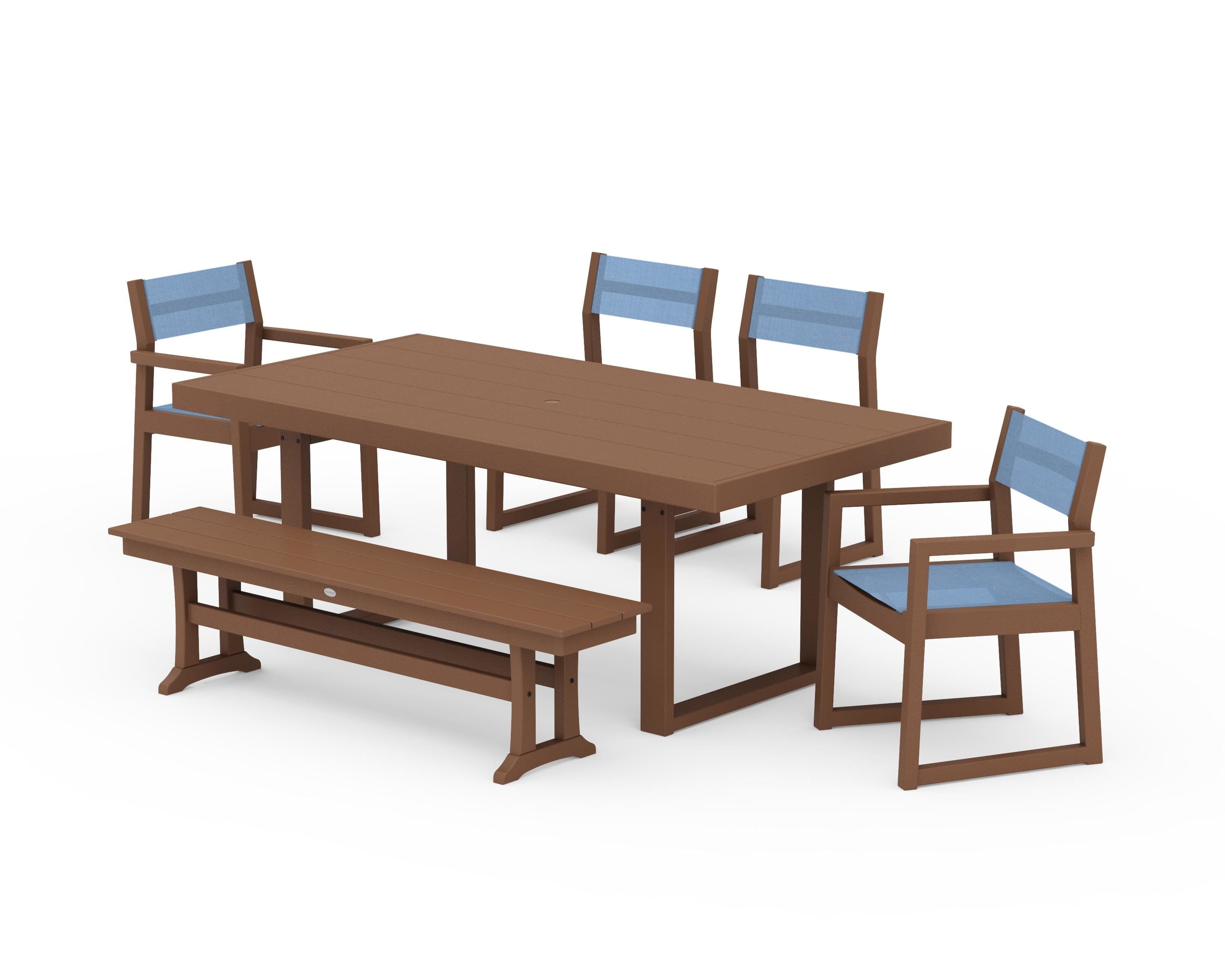 POLYWOOD EDGE Sling 6-Piece Dining Set with Bench in Teak / Poolside Sling