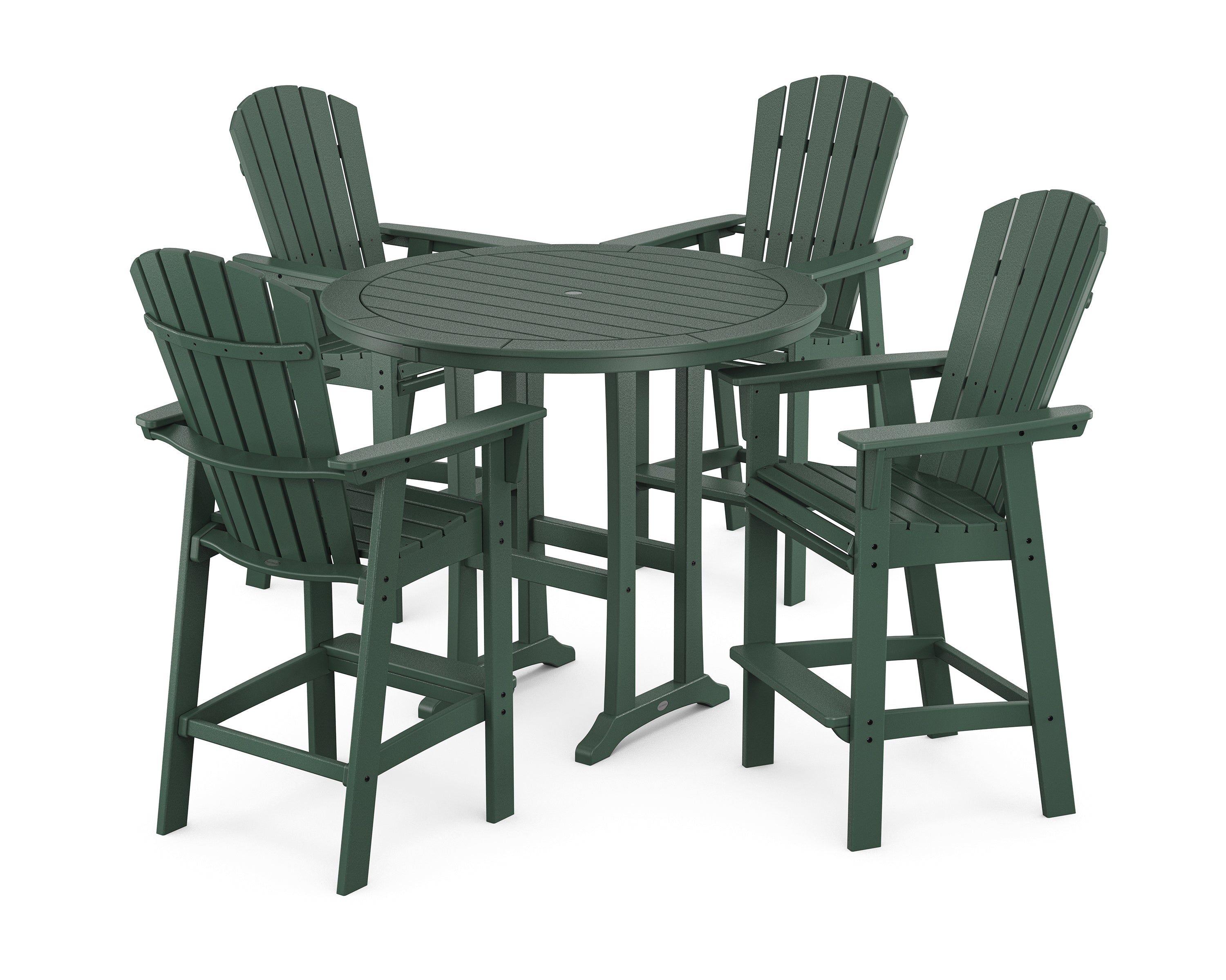 POLYWOOD® Nautical Curveback Adirondack 5-Piece Round Trestle Bar Set in Green