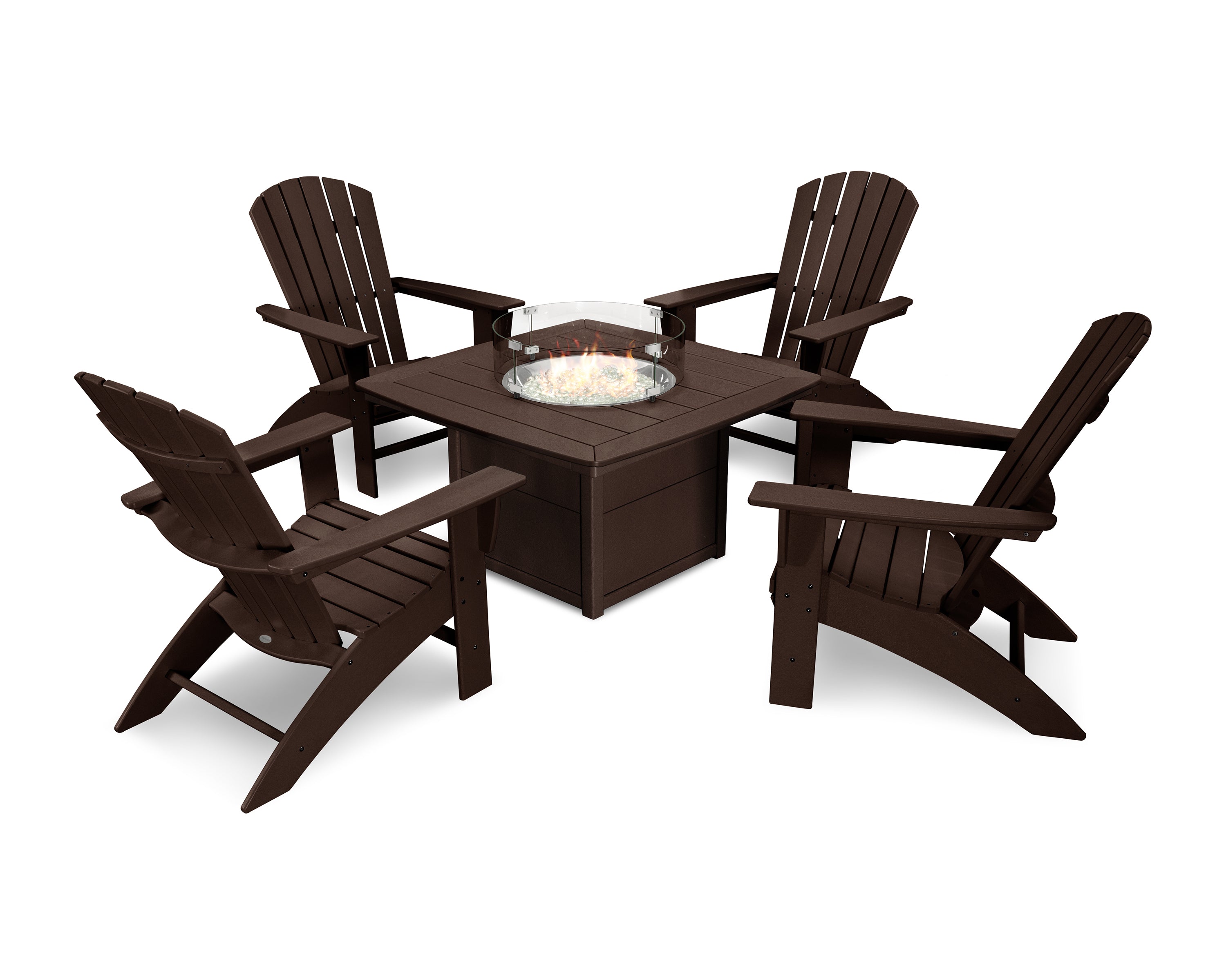 POLYWOOD® Nautical Curveback Adirondack 5-Piece Conversation Set with Fire Pit Table in Mahogany