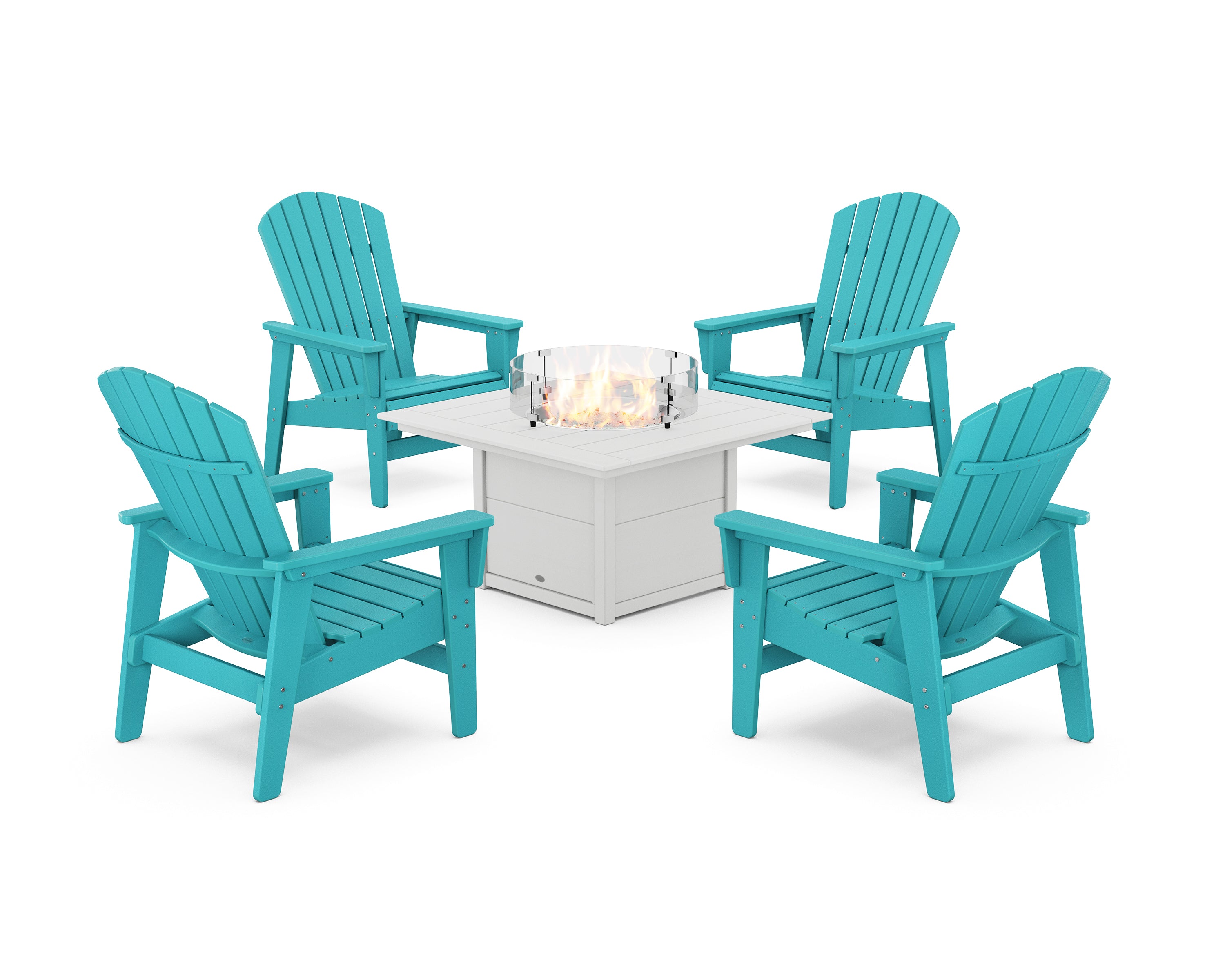 POLYWOOD® 5-Piece Nautical Grand Upright Adirondack Conversation Set with Fire Pit Table in Aruba / White