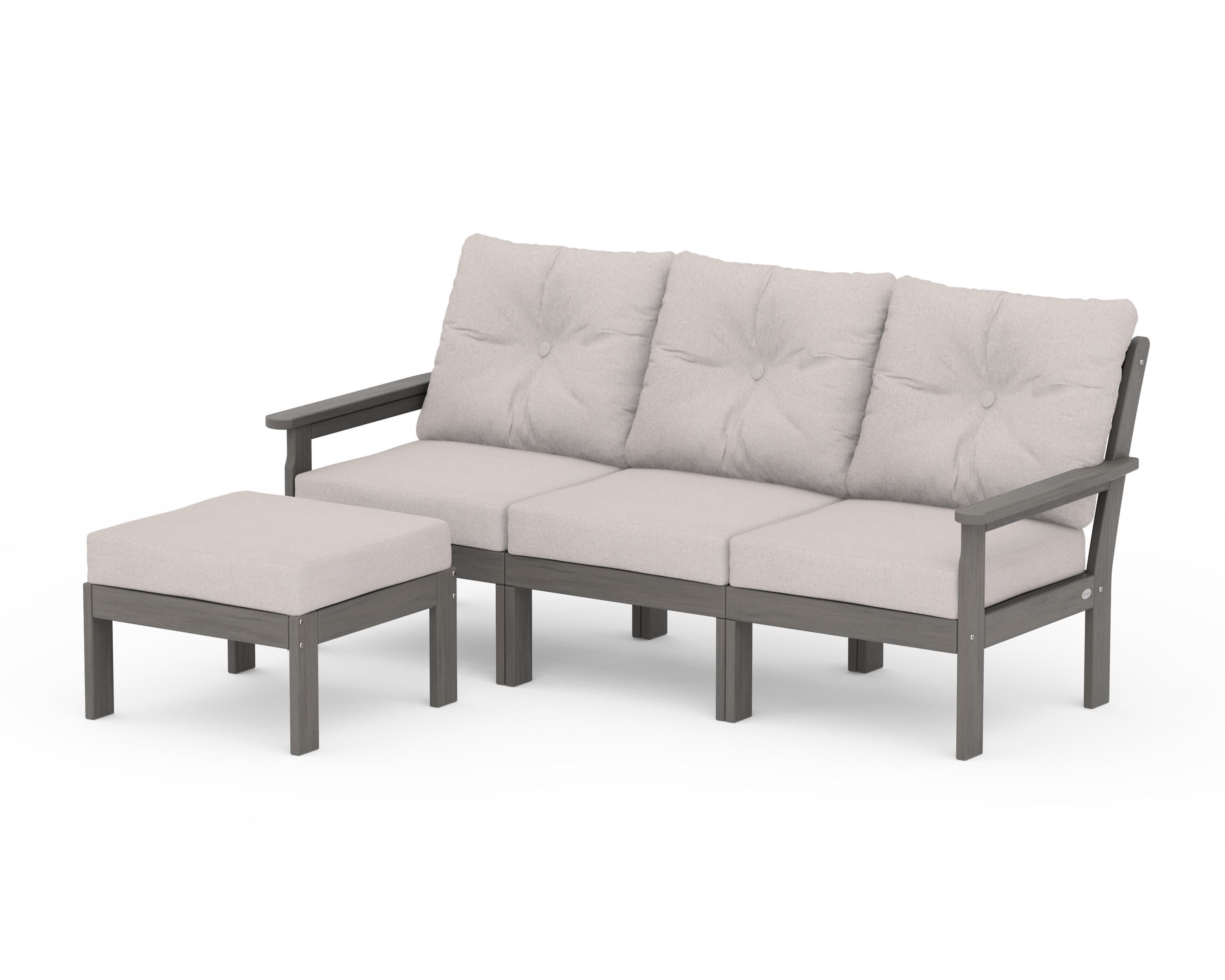 POLYWOOD Vineyard 4-Piece Sectional with Ottoman in Driftwood / Dune Burlap