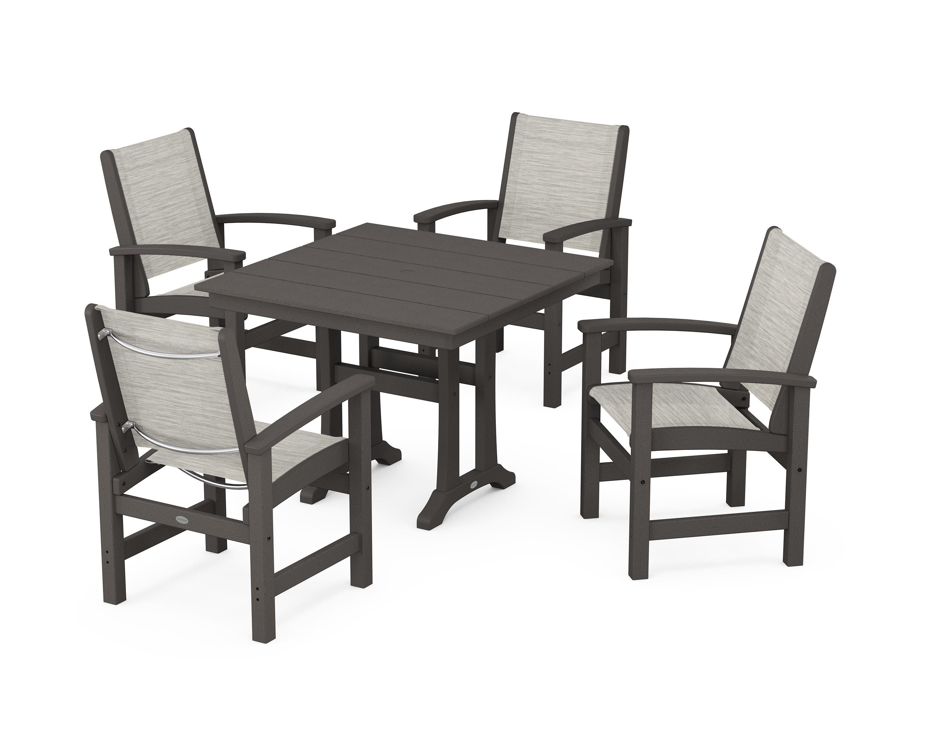 POLYWOOD Coastal 5-Piece Farmhouse Dining Set With Trestle Legs in Vintage Coffee / Birch Sling