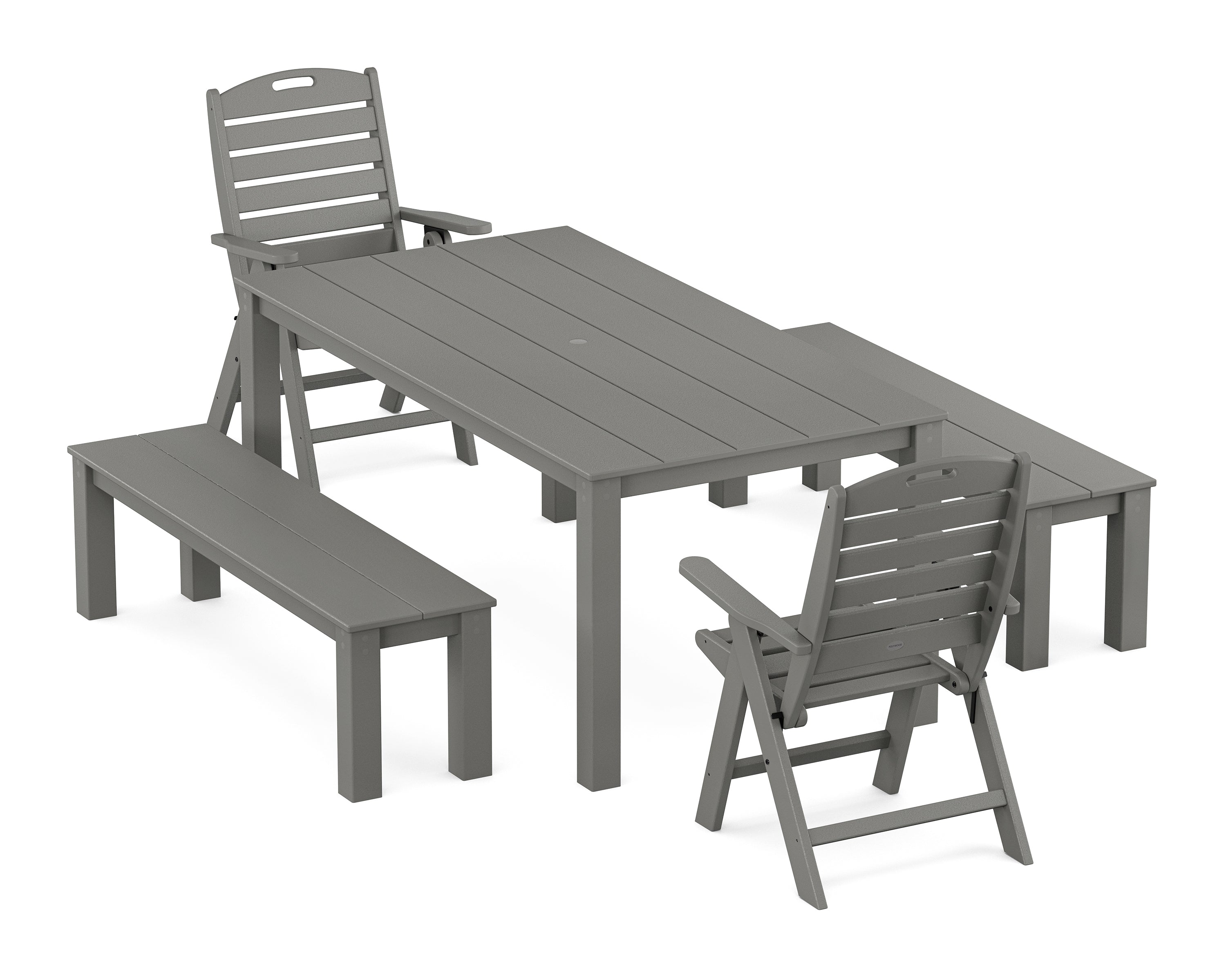 POLYWOOD® Nautical Folding Highback Chair 5-Piece Parsons Dining Set with Benches in Slate Grey