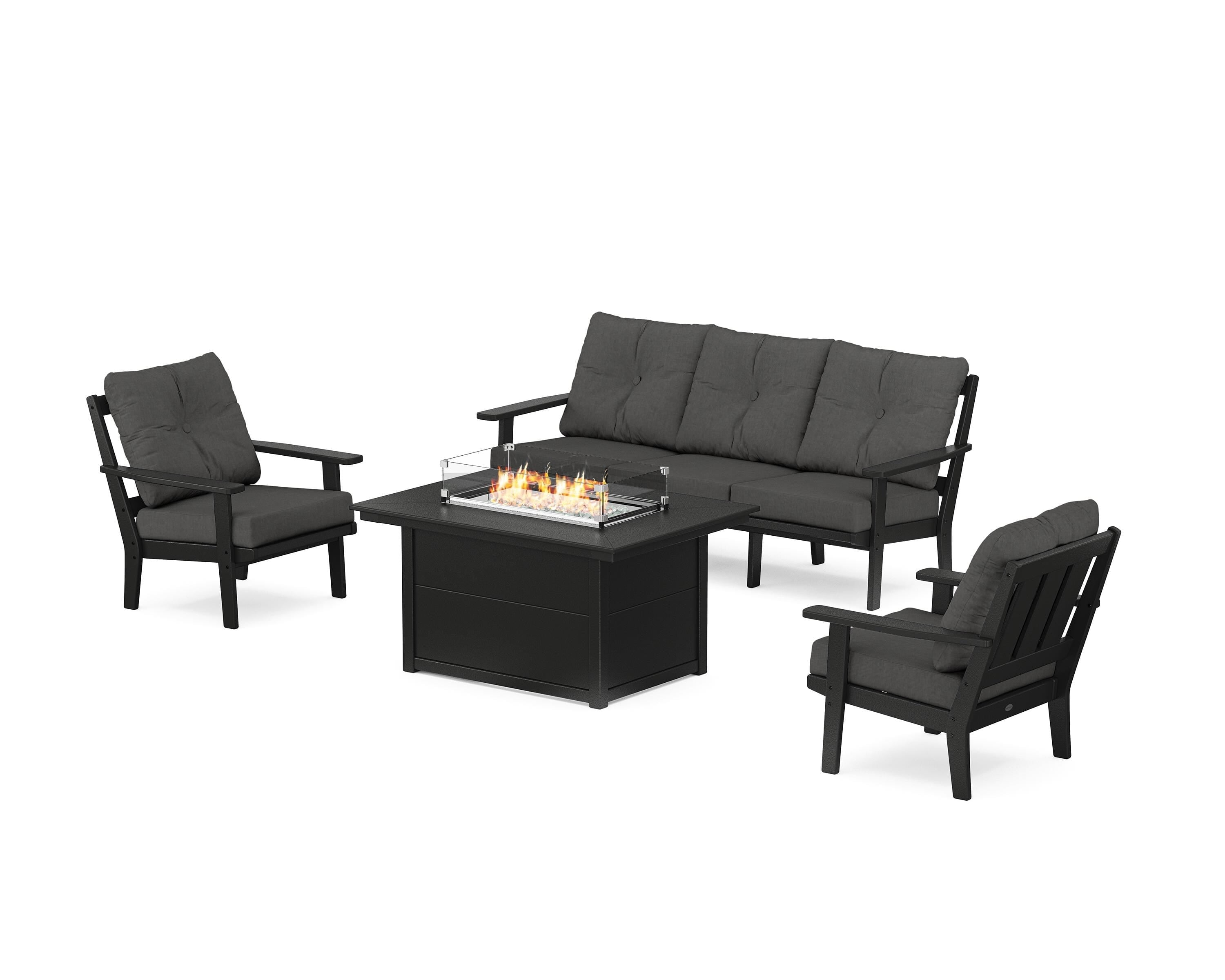 POLYWOOD Oxford Deep Seating Fire Pit Table Set in Black / Spectrum Carbon