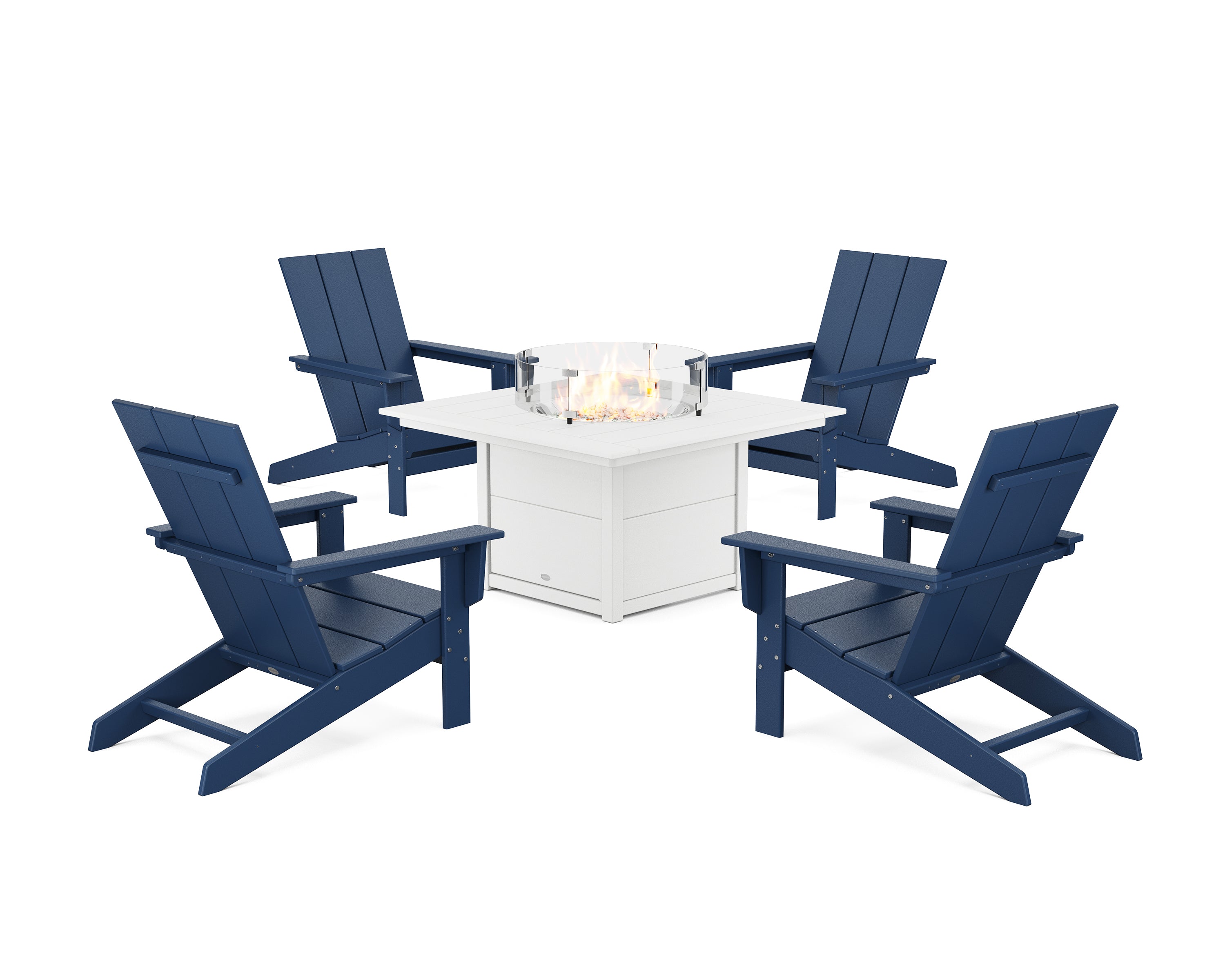 POLYWOOD® 5-Piece Modern Studio Adirondack Conversation Set with Fire Pit Table in Navy / White
