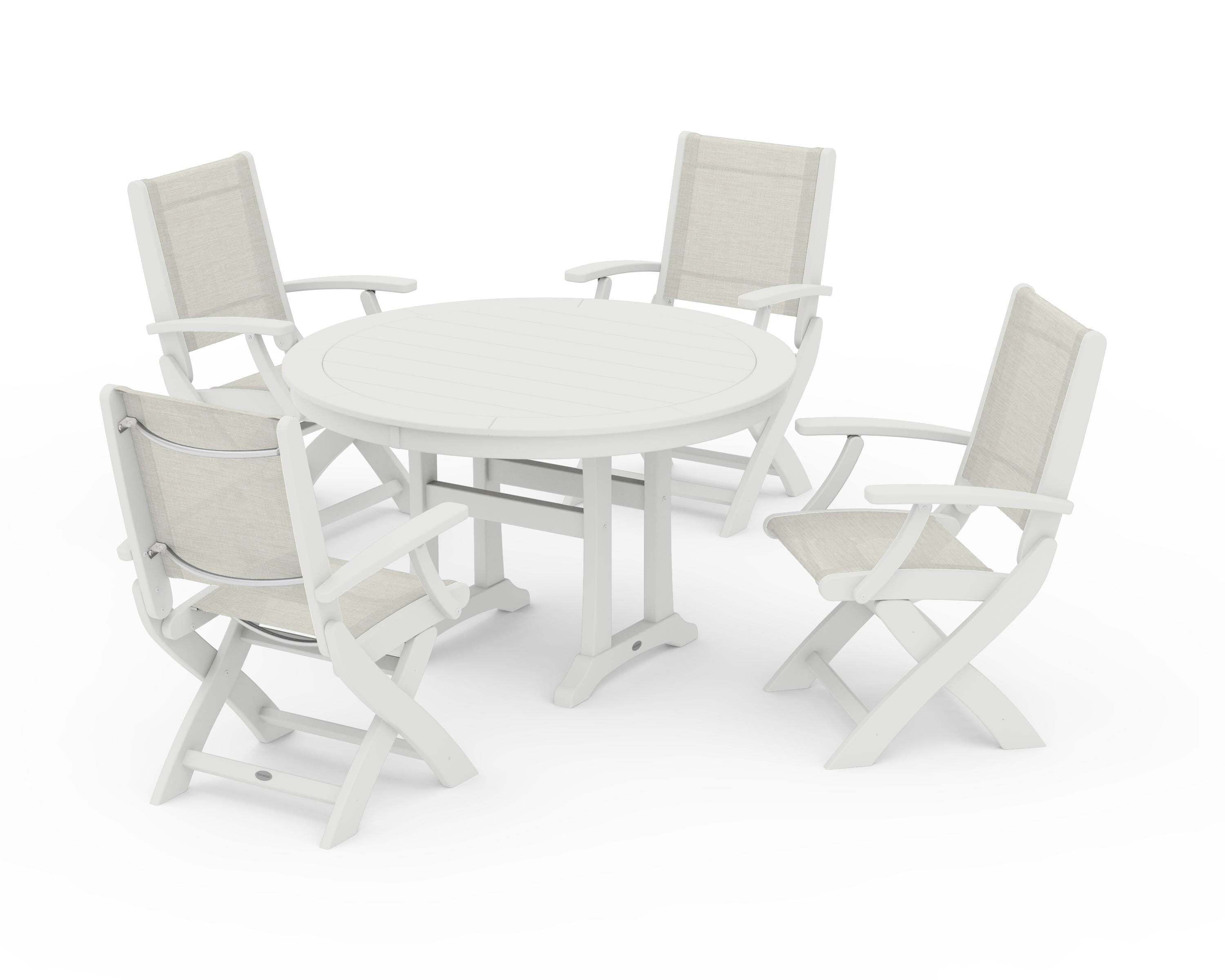 POLYWOOD Coastal Folding Chair 5-Piece Round Dining Set with Trestle Legs in Vintage White / Parchment Sling