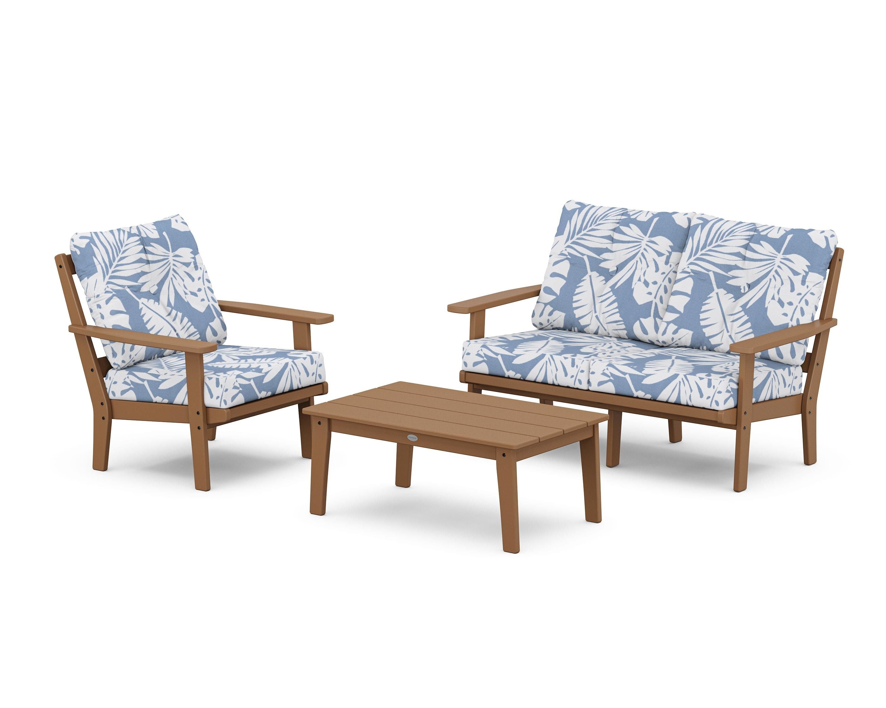 POLYWOOD Prairie 3-Piece Deep Seating Set with Loveseat in Teak / Leaf Sky Blue