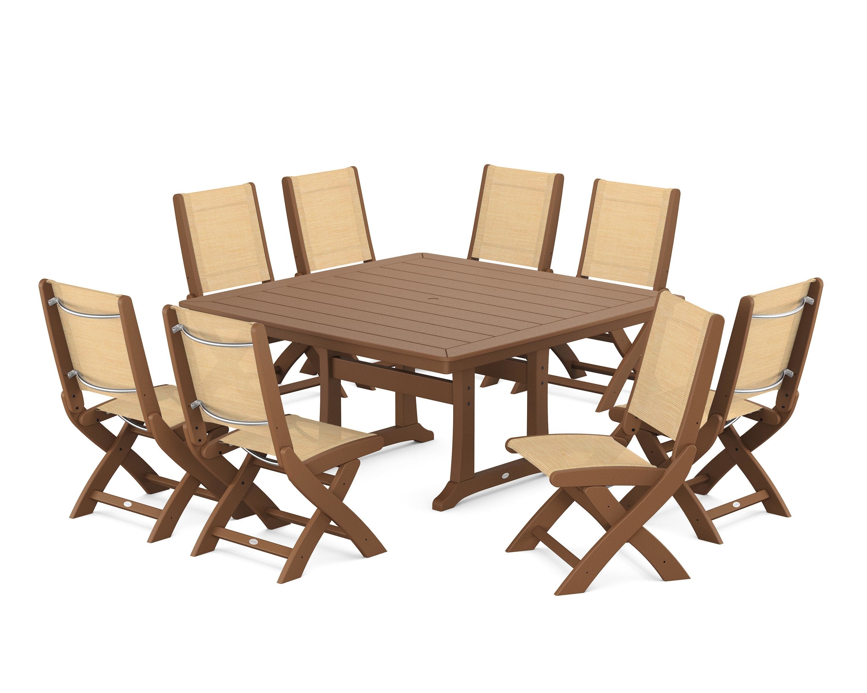 POLYWOOD Coastal Folding Side Chair 9-Piece Dining Set with Trestle Legs in Teak / Dupioni Apricot Sling