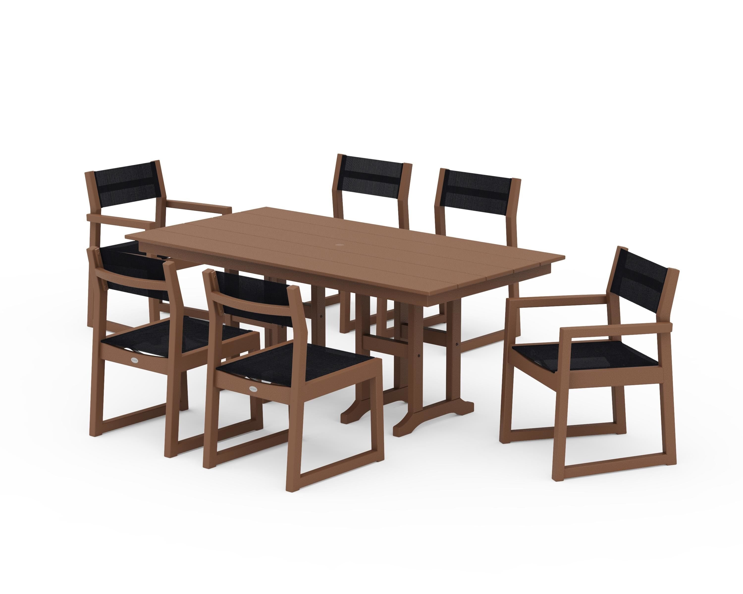 POLYWOOD EDGE Sling 7-Piece Farmhouse Dining Set in Teak / Black Sling