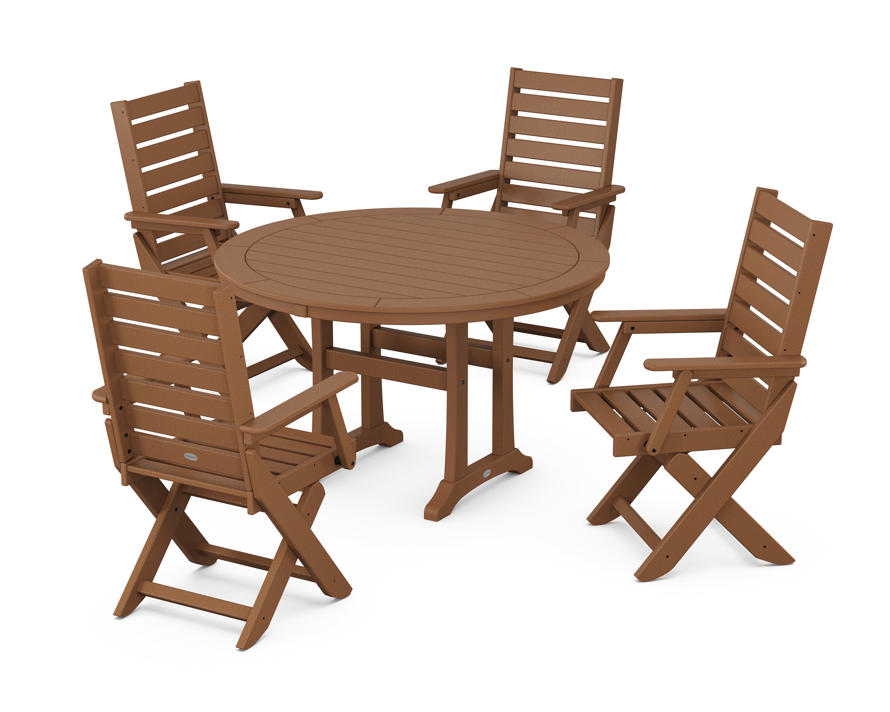 POLYWOOD® Captain Folding Chair 5-Piece Round Dining Set with Trestle Legs in Teak