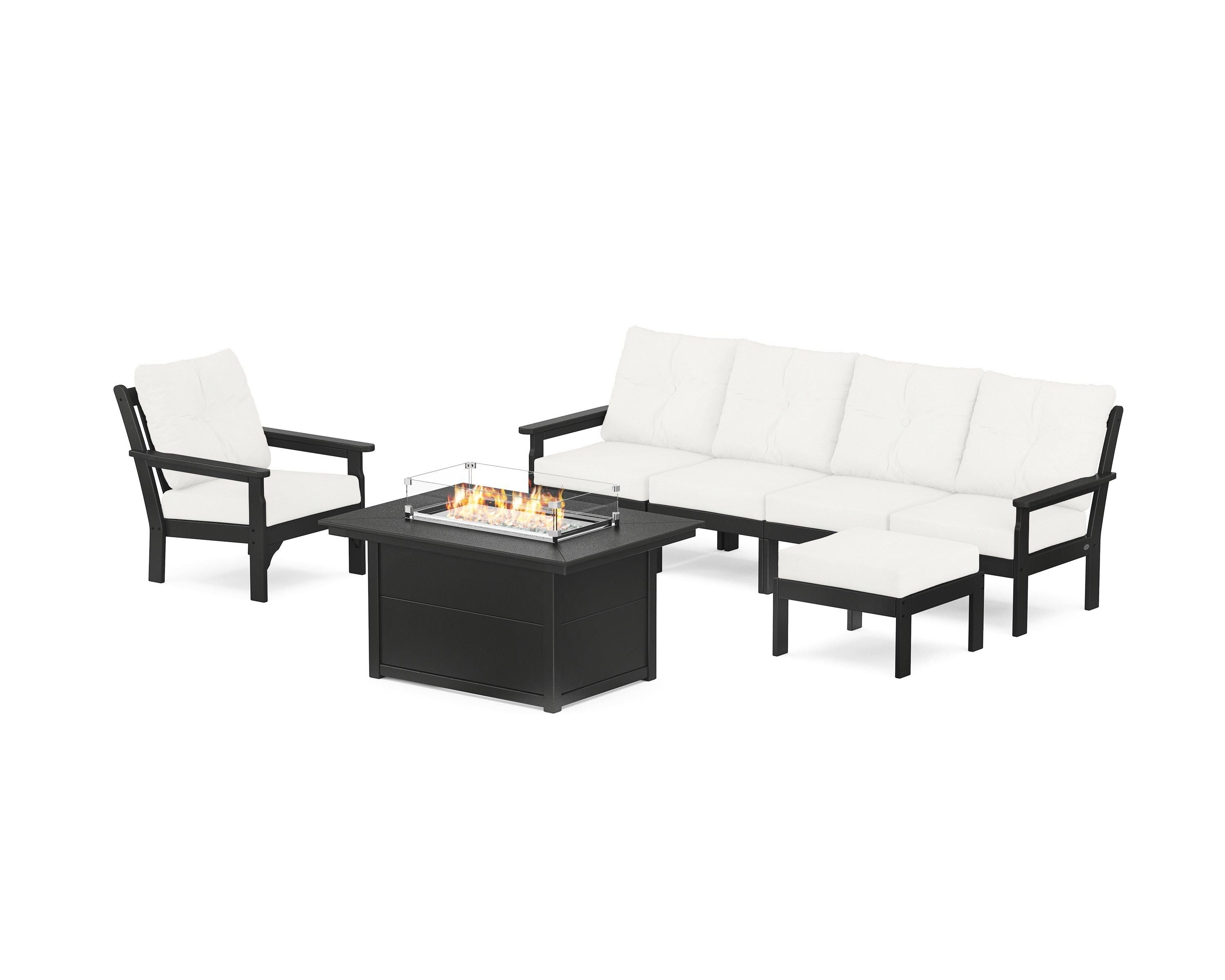 POLYWOOD Vineyard Sectional Lounge and Fire Pit Set in Black / Natural Linen