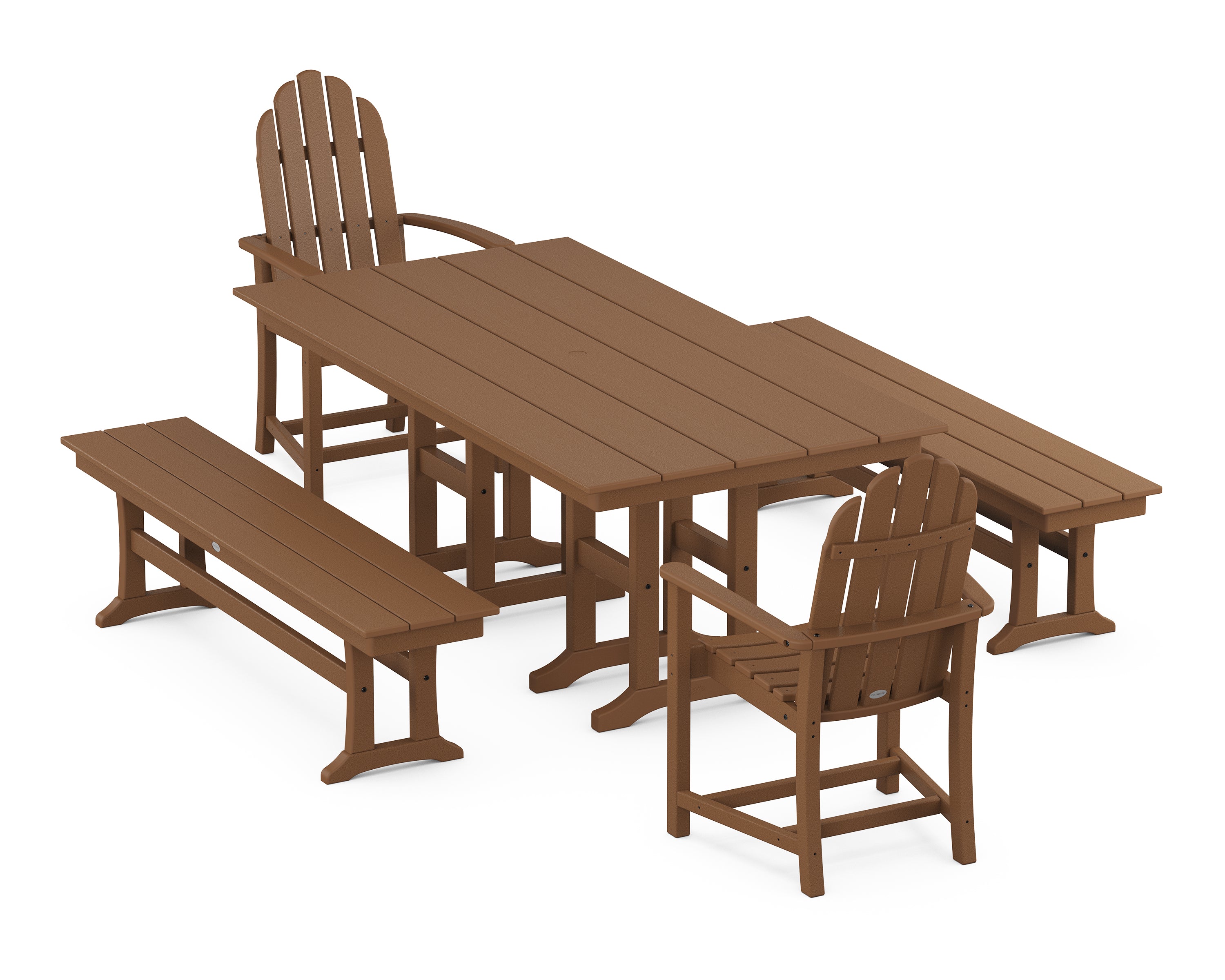 POLYWOOD® Classic Adirondack 5-Piece Farmhouse Dining Set with Benches in Teak