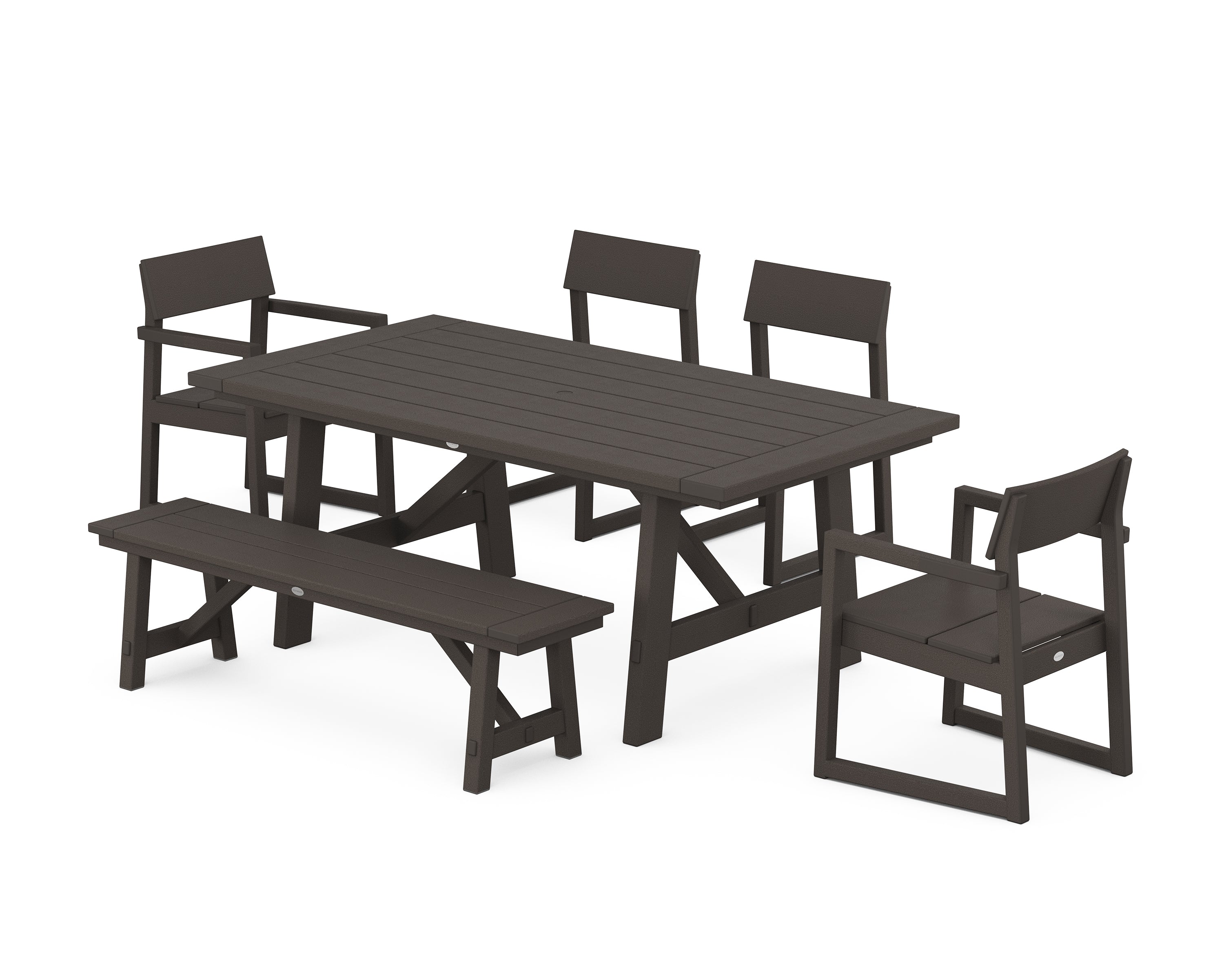 POLYWOOD® EDGE 6-Piece Rustic Farmhouse Dining Set with Bench in Vintage Coffee