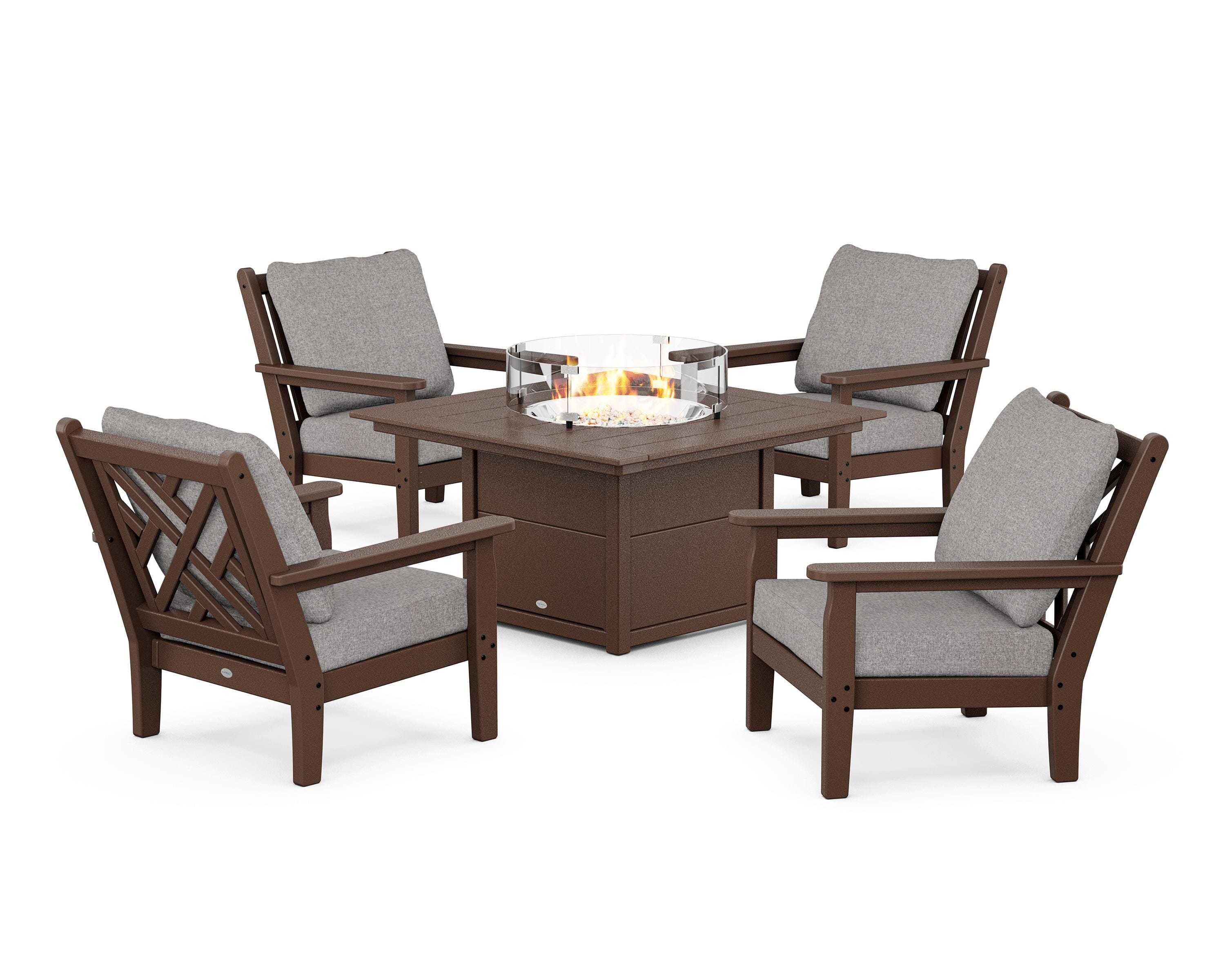 POLYWOOD Chippendale 5-Piece Deep Seating Set with Fire Pit Table in Mahogany / Grey Mist