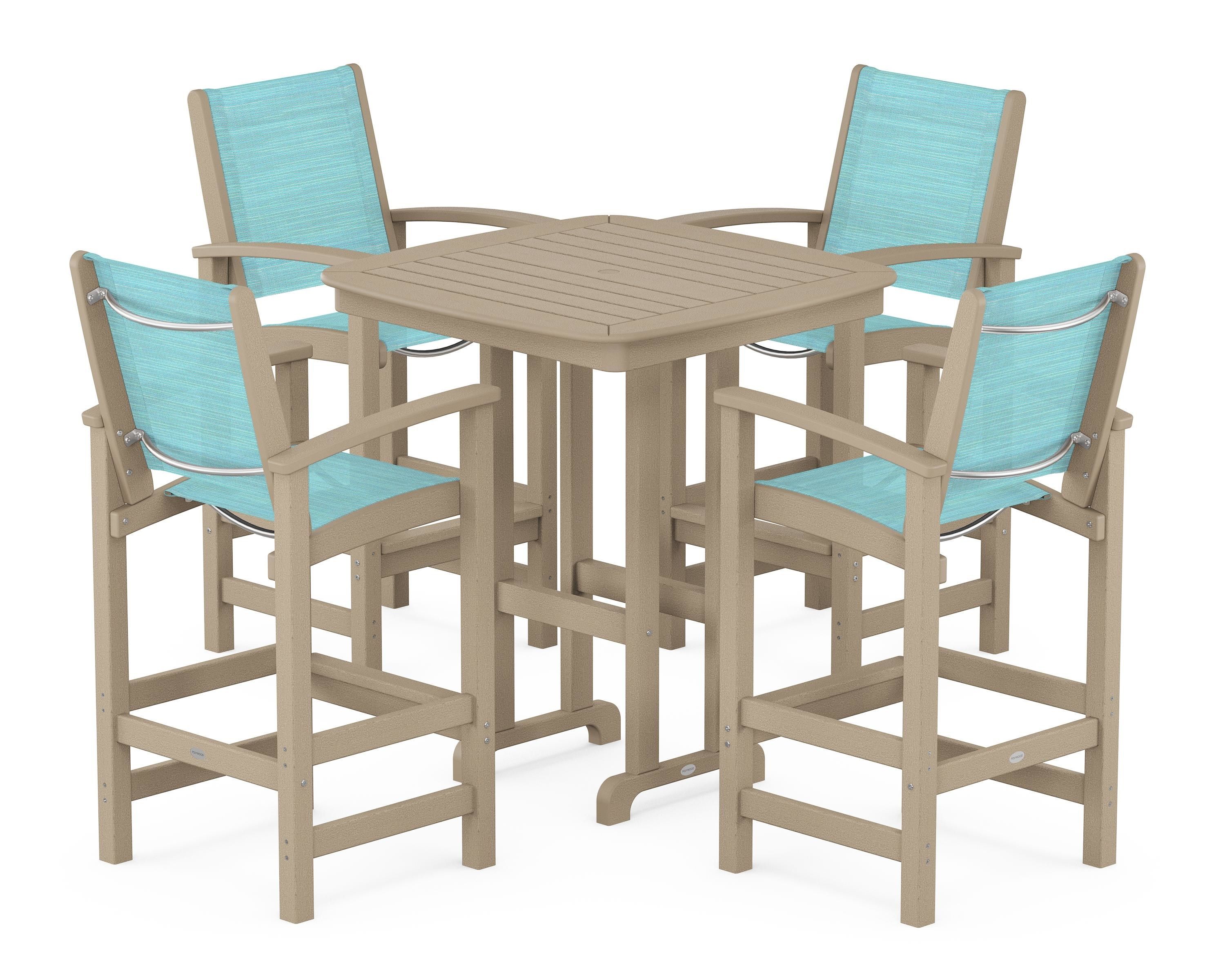 POLYWOOD Coastal 5-Piece Bar Set in Vintage Sahara / Dupioni Aquamarine Sling