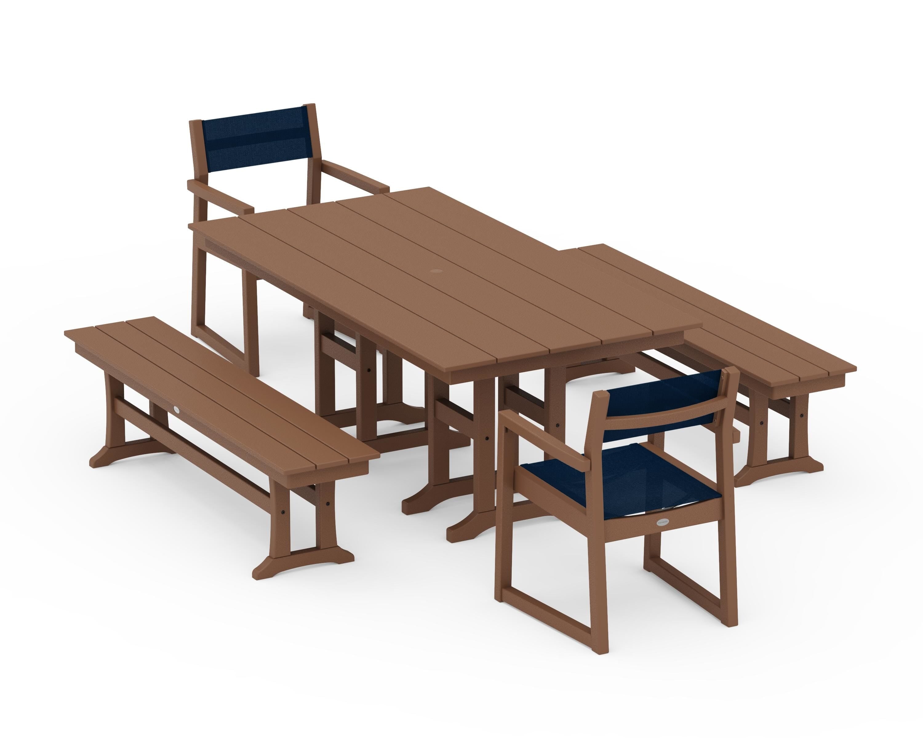 POLYWOOD EDGE Sling Arm Chair 5-Piece Farmhouse Dining Set with Benches in Teak / Navy Blue Sling