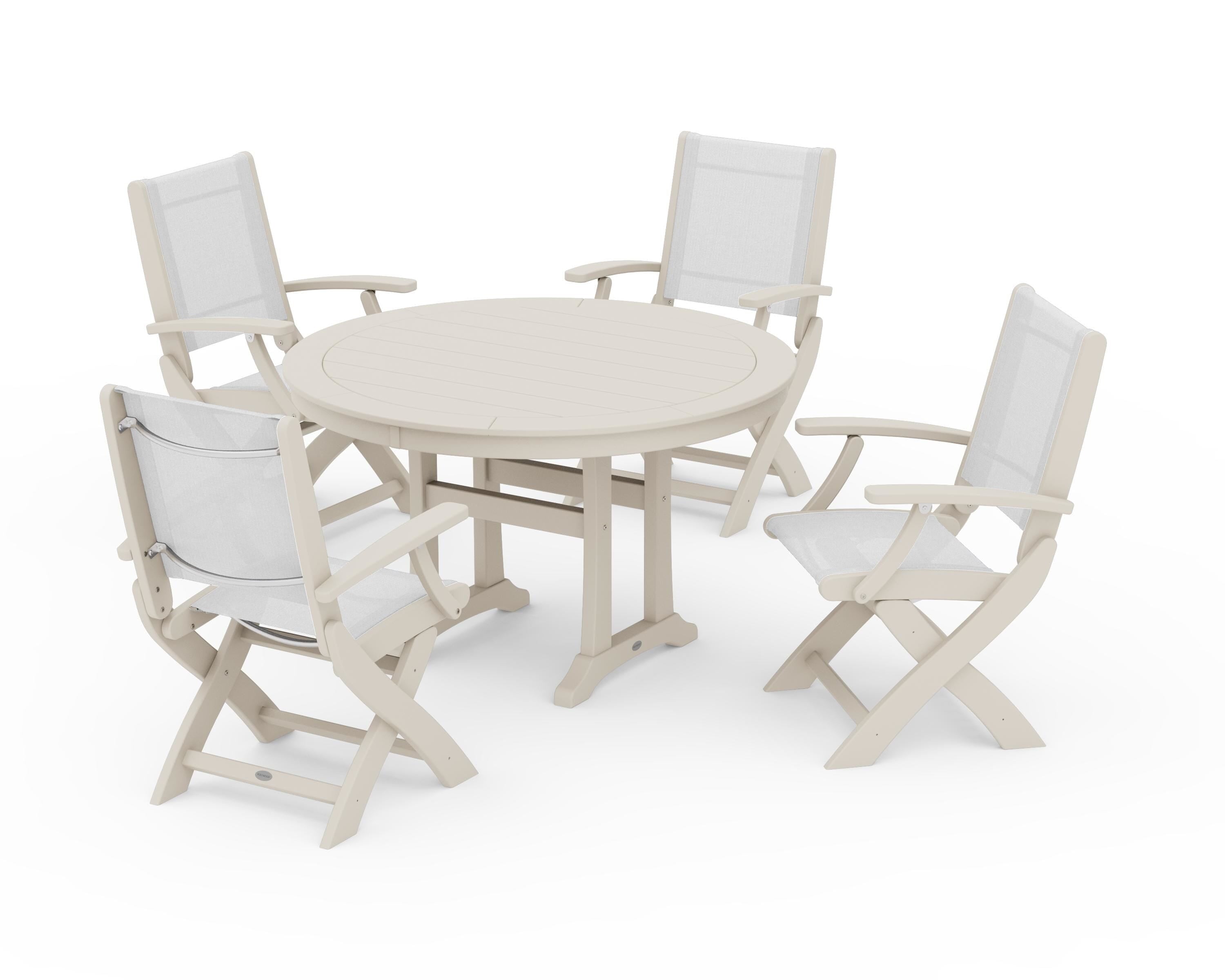 POLYWOOD Coastal Folding Chair 5-Piece Round Dining Set with Trestle Legs in Sand / White Sling