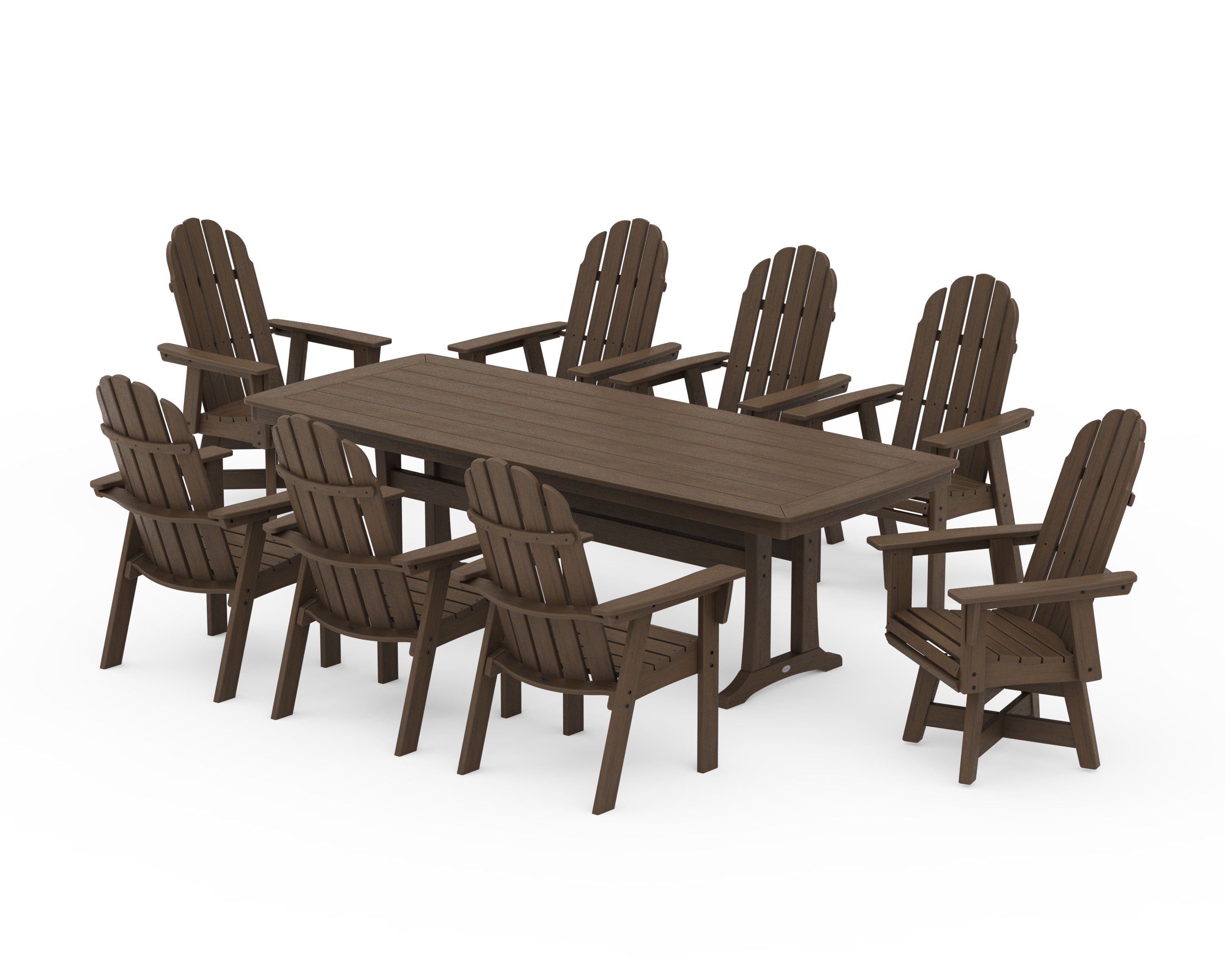 POLYWOOD Vineyard Curveback Adirondack Swivel 9-Piece Dining Set with Trestle Legs in Kona