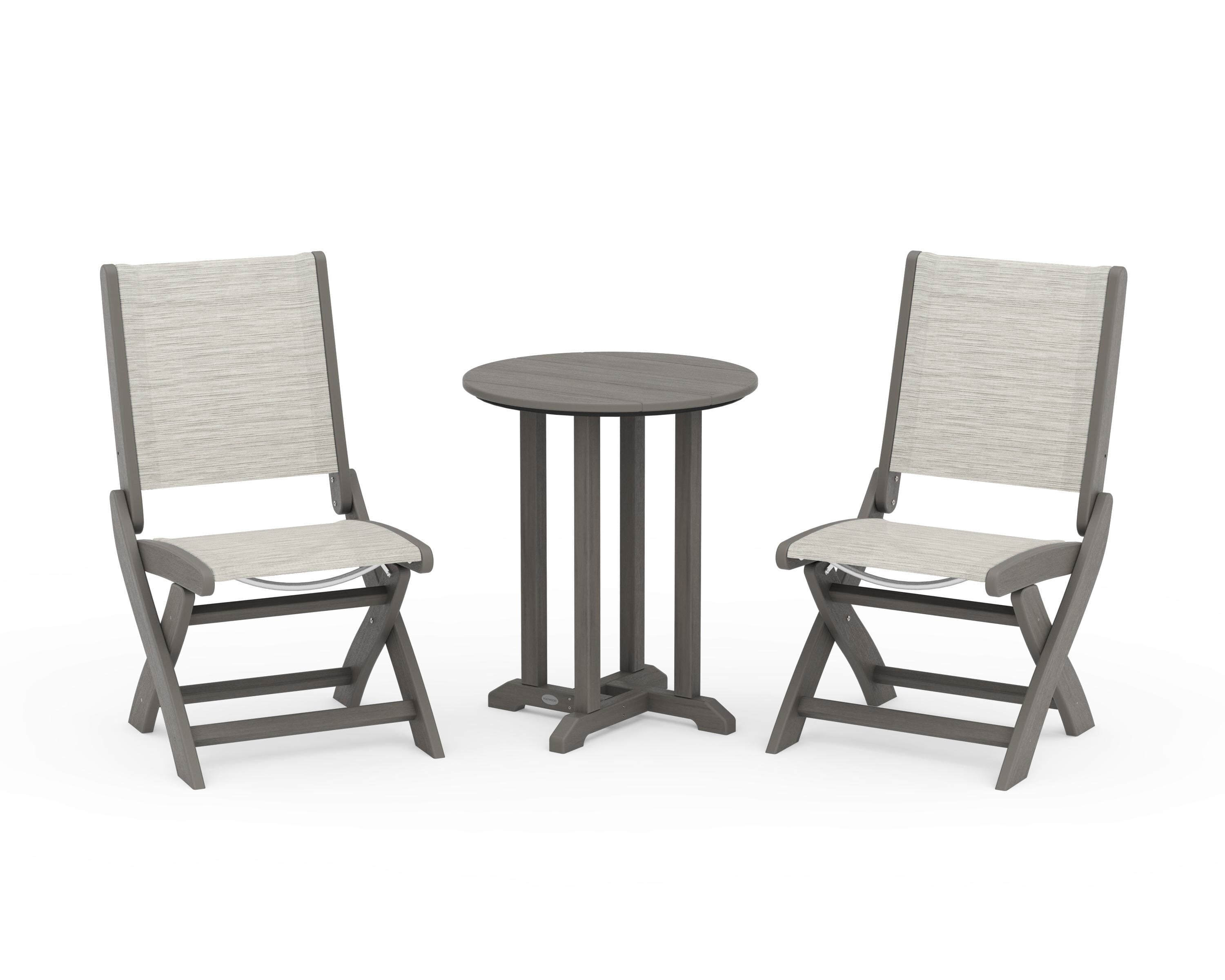 POLYWOOD Coastal Folding Side Chair 3-Piece Round Bistro Dining Set in Driftwood / Birch Sling