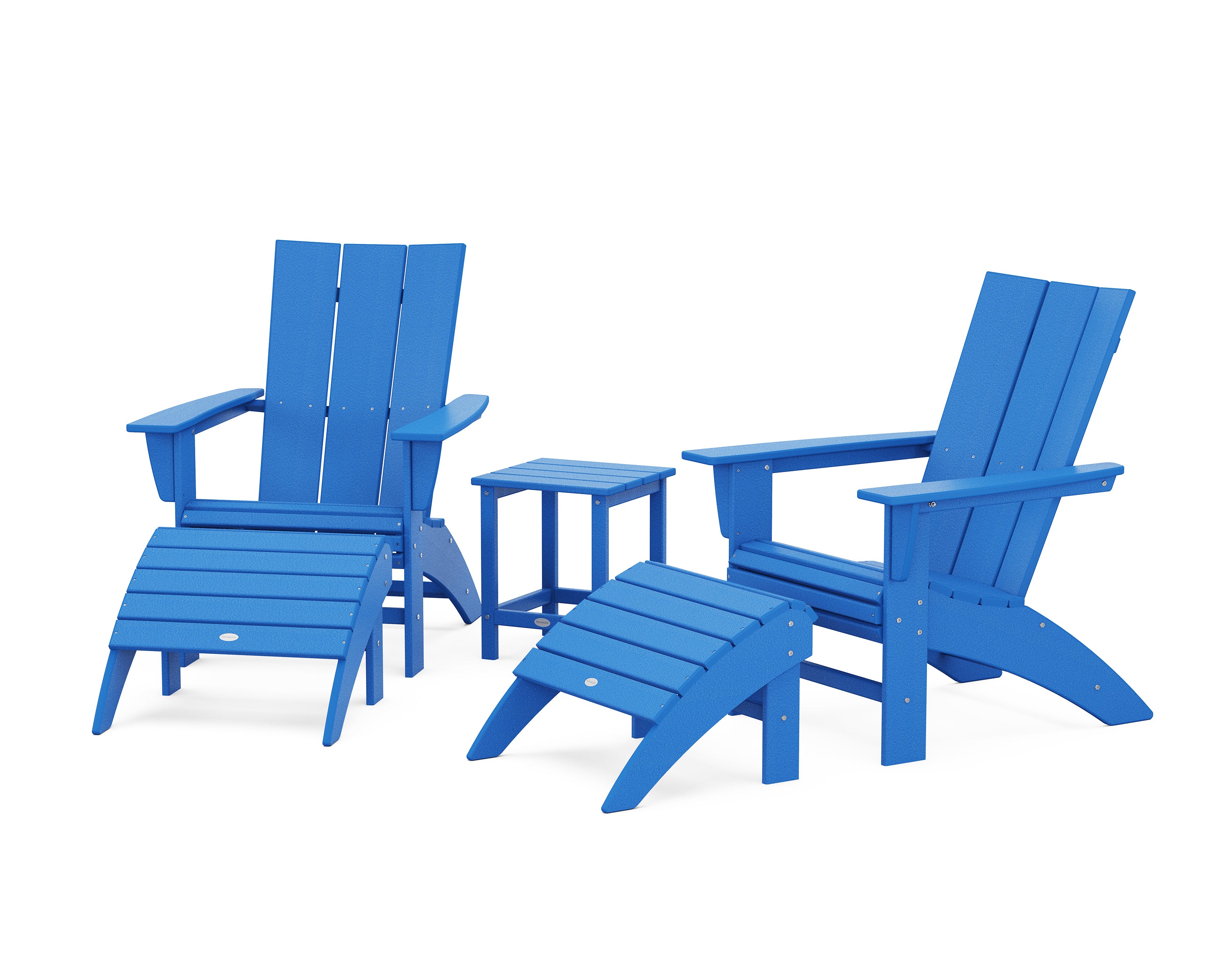 POLYWOOD® Modern Curveback Adirondack Chair 5-Piece Set with Ottomans and 18" Side Table in Pacific Blue