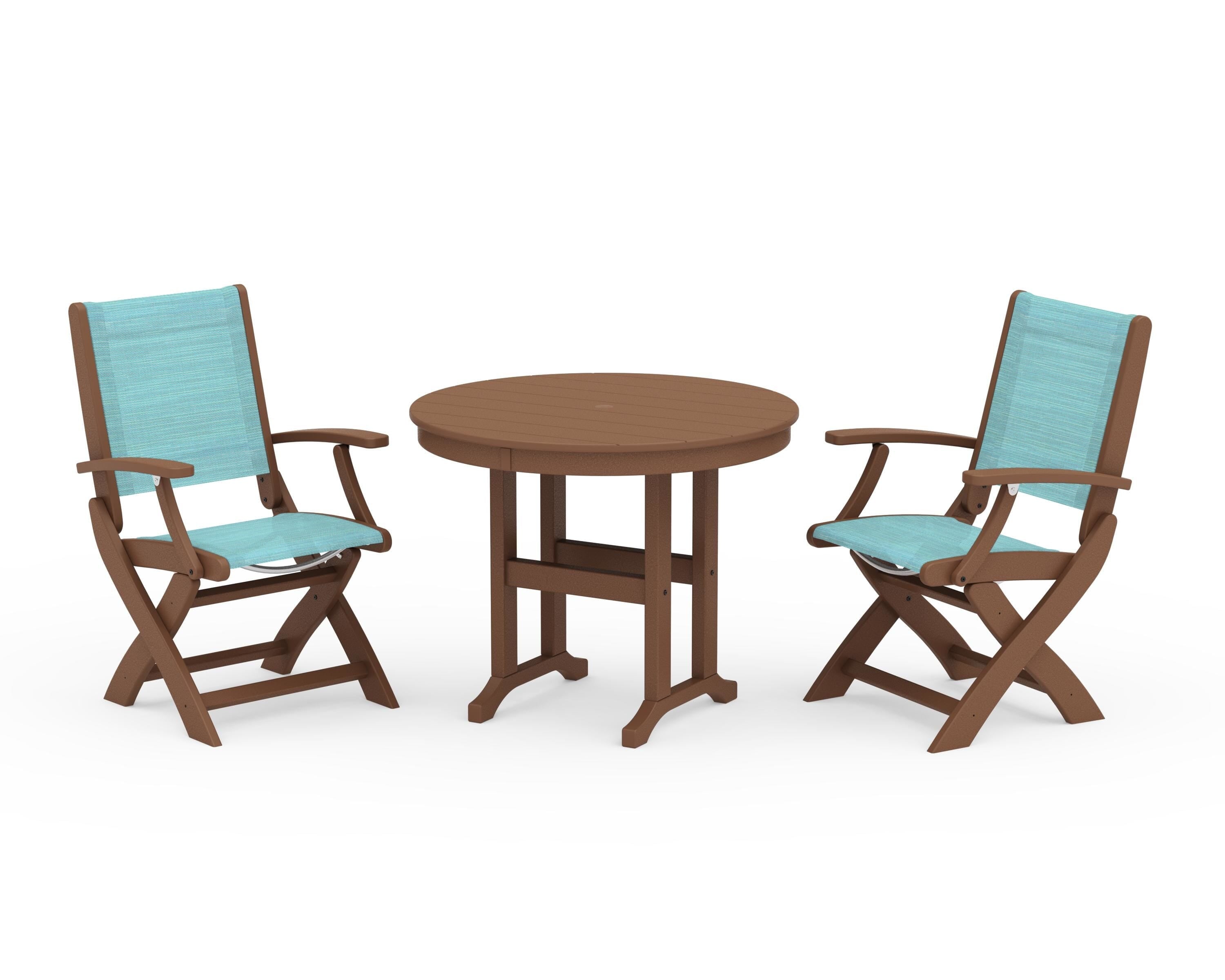POLYWOOD Coastal Folding Chair 3-Piece Round Dining Set in Teak / Dupioni Aquamarine Sling