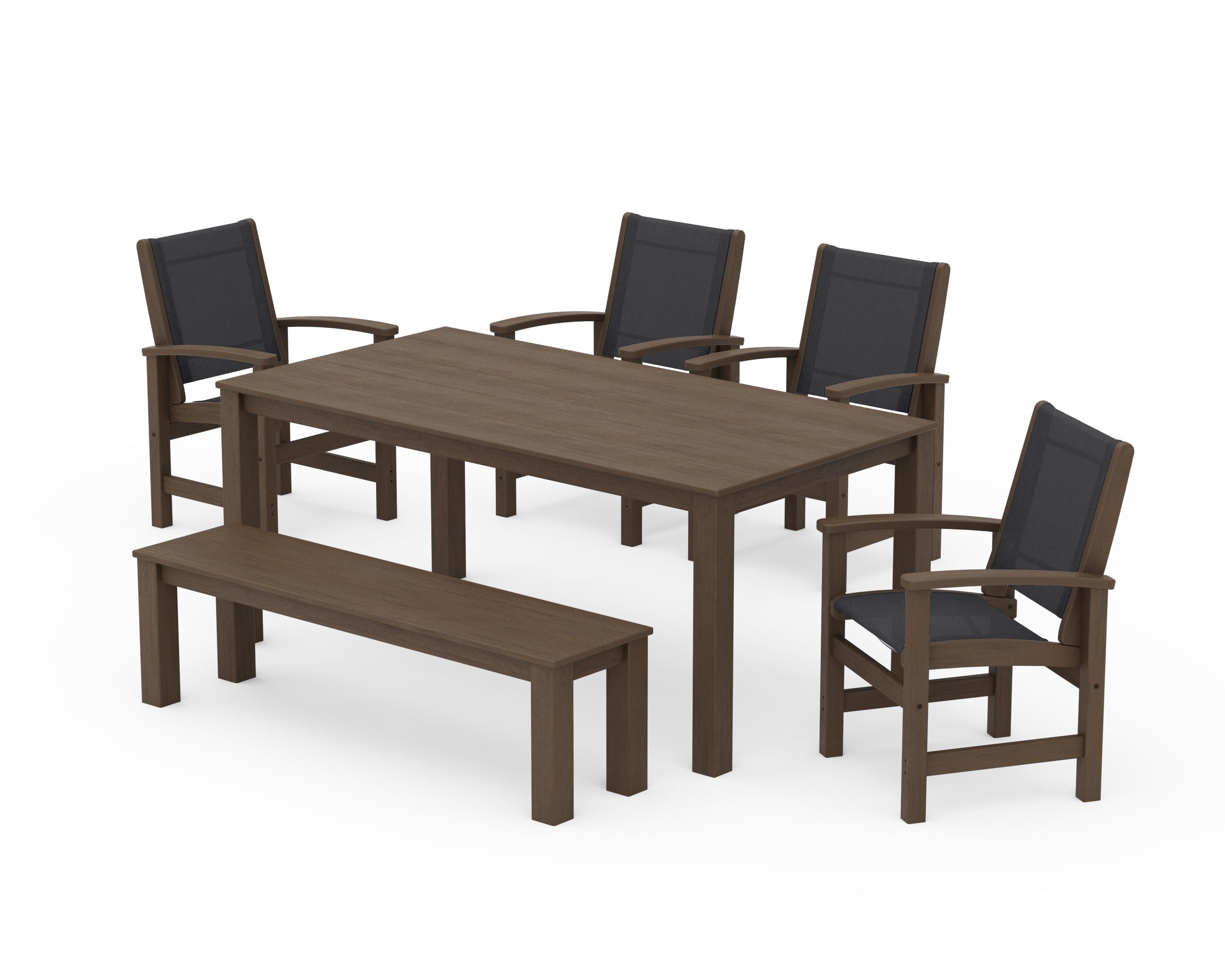 POLYWOOD Coastal 6-Piece Parsons Dining Set with Bench in Kona / Black Sling