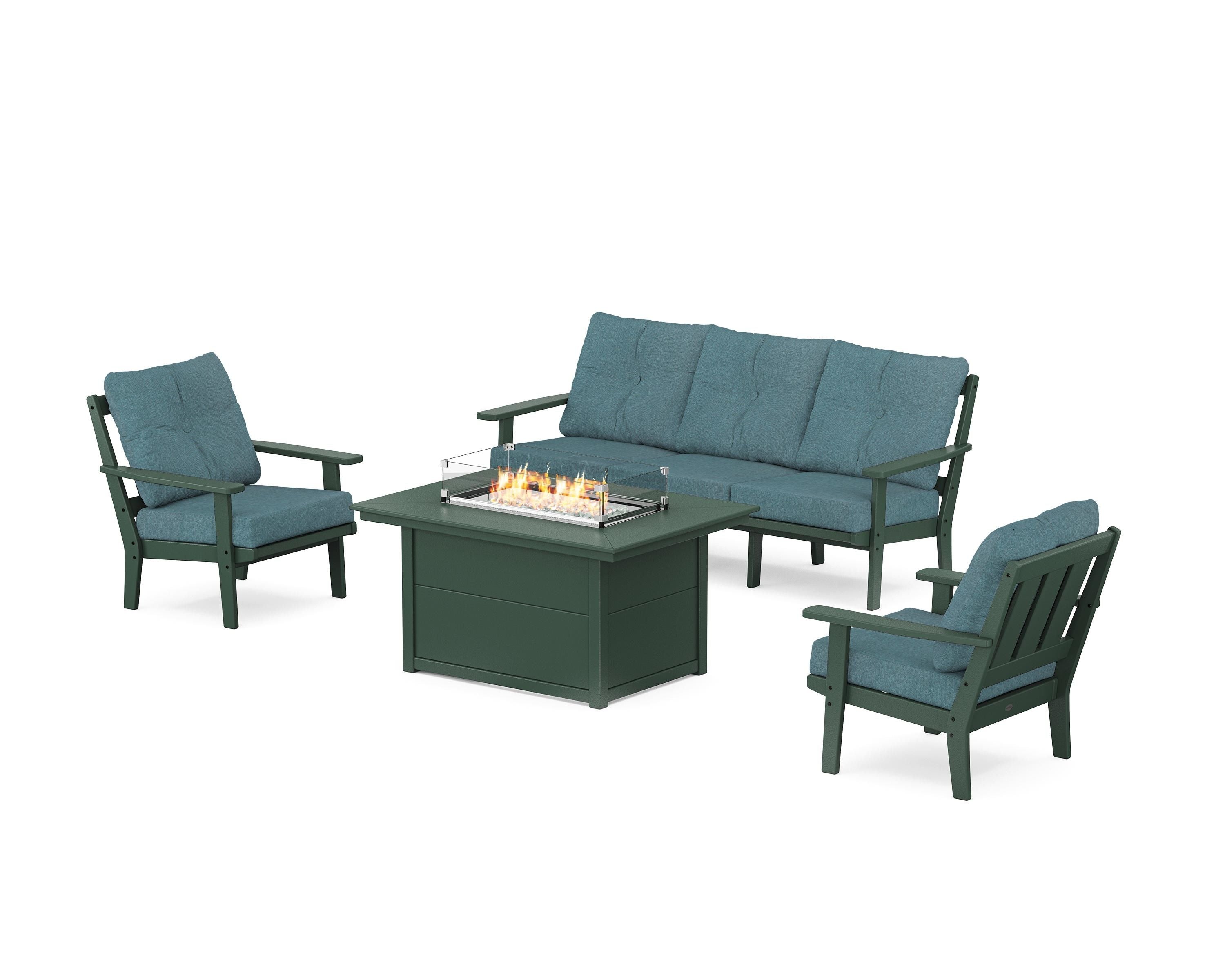 POLYWOOD Oxford Deep Seating Fire Pit Table Set in Green / Ocean Teal