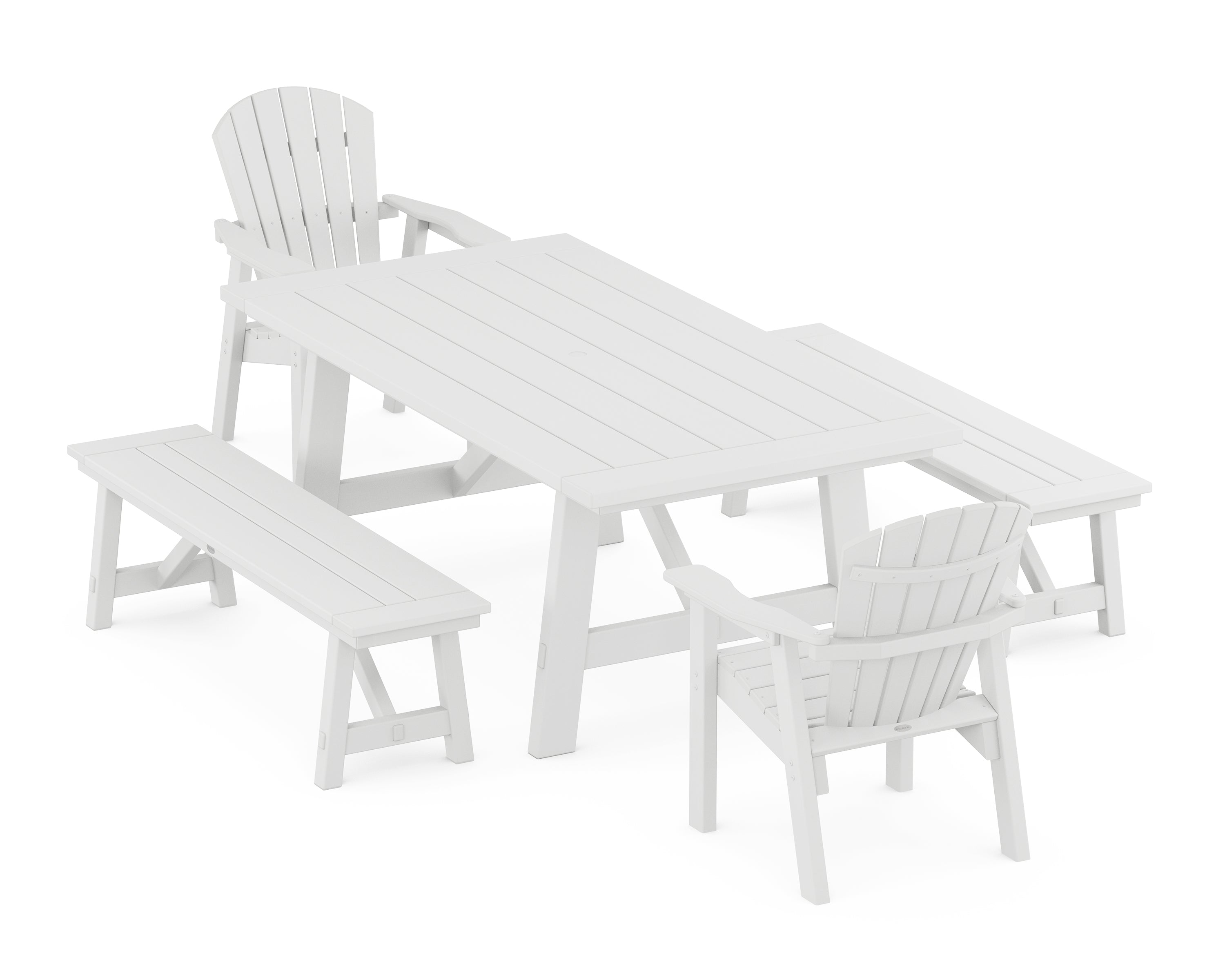 POLYWOOD® Seashell 5-Piece Rustic Farmhouse Dining Set With Benches in White